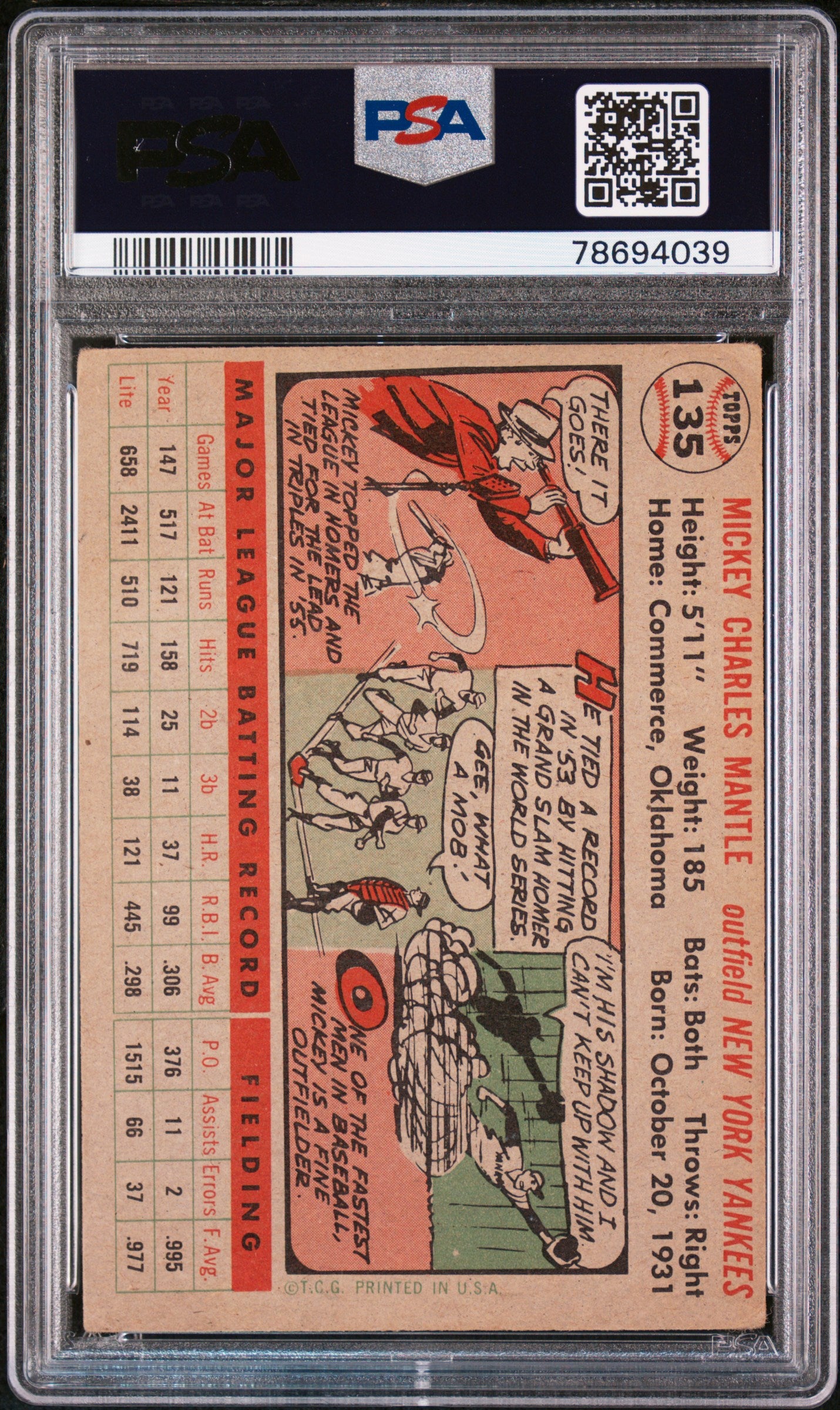 1956 Topps Mickey Mantle #135 Gray Back PSA 2.5