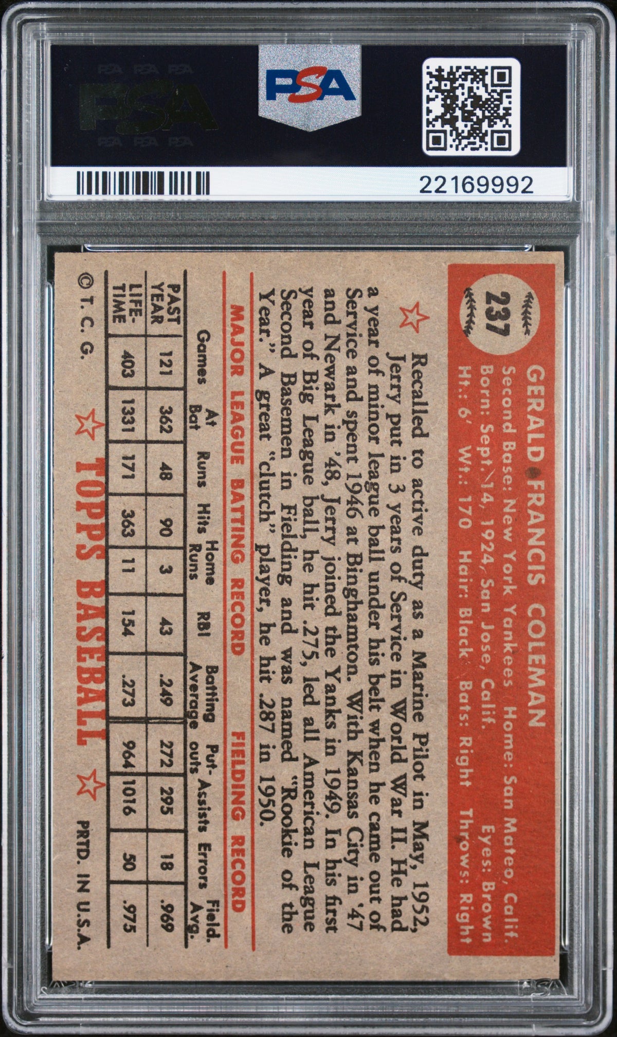 1952 Topps Jerry Coleman #237 PSA 7
