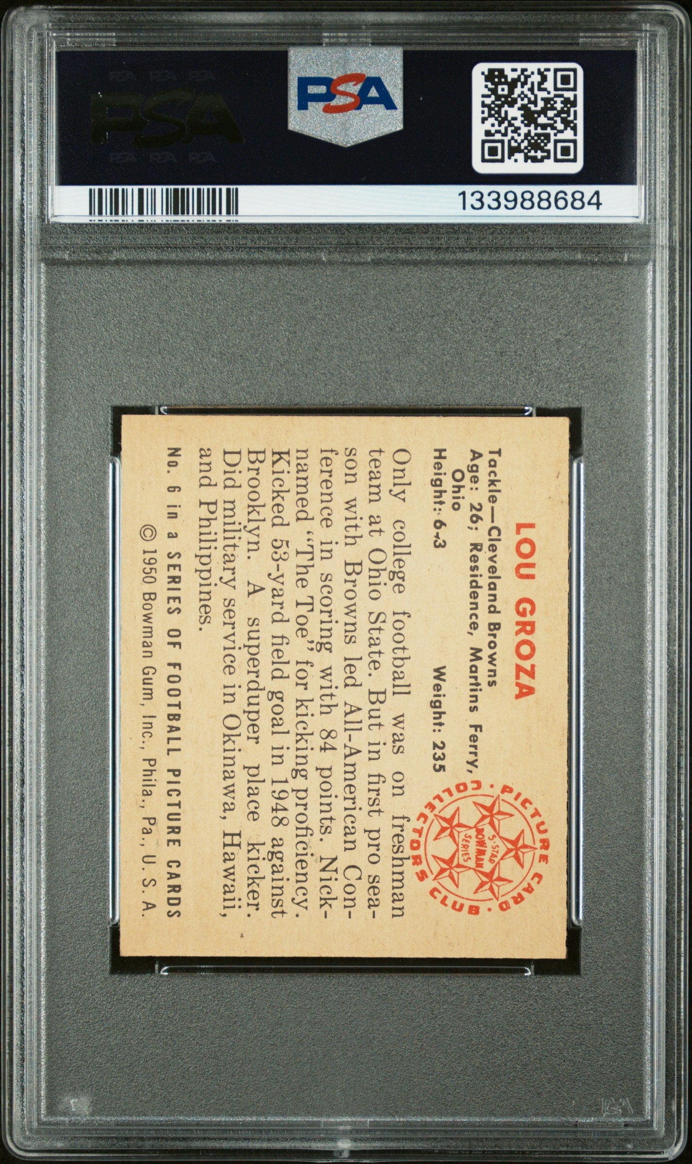 1950 Bowman Lou Groza #6 PSA 7