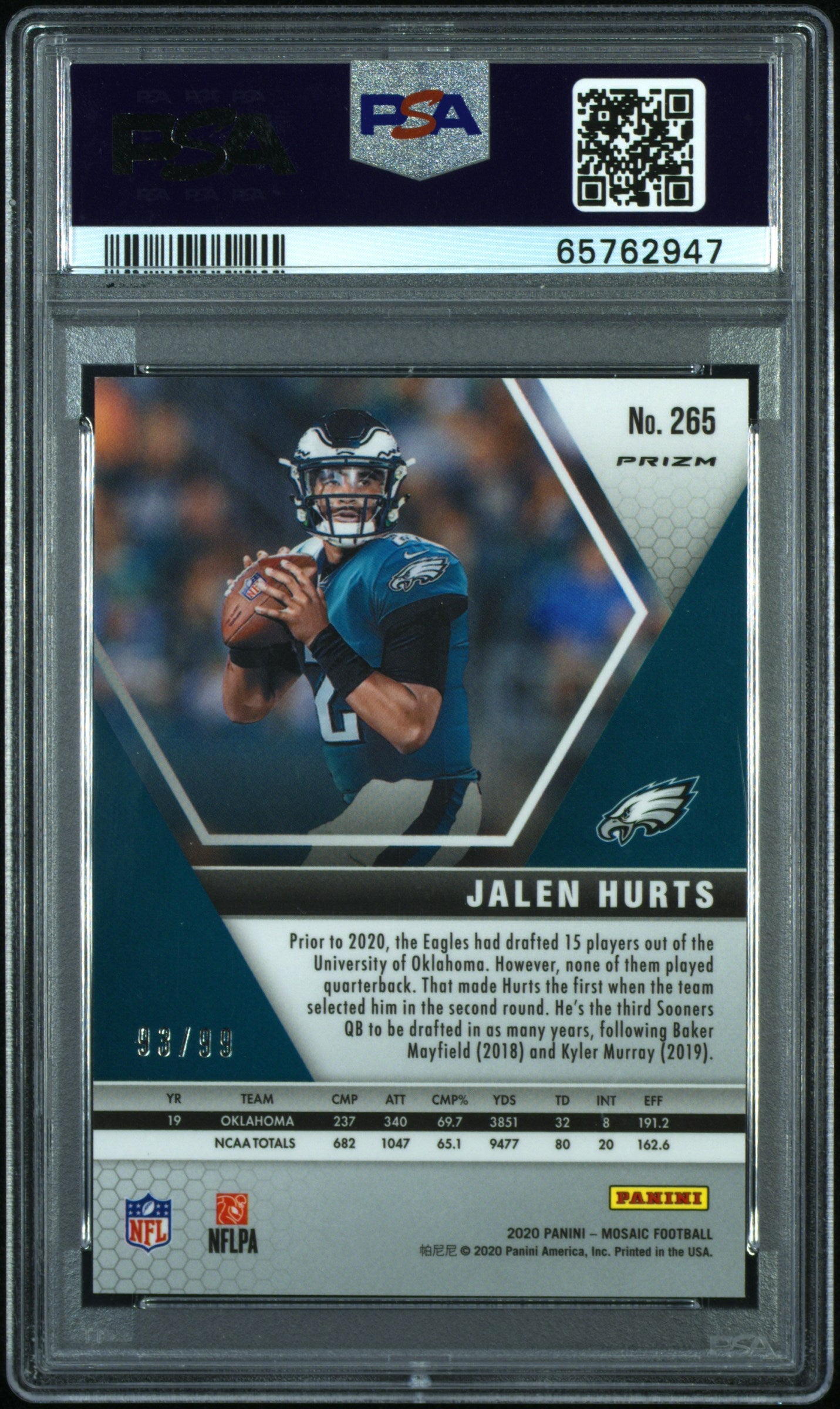 2020 Panini Mosaic Jalen Hurts #265 Blue PSA 10