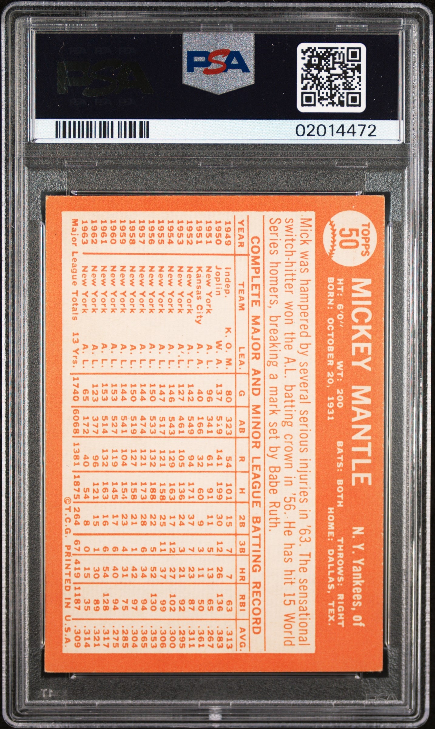 1964 Topps Mickey Mantle #50 PSA 8
