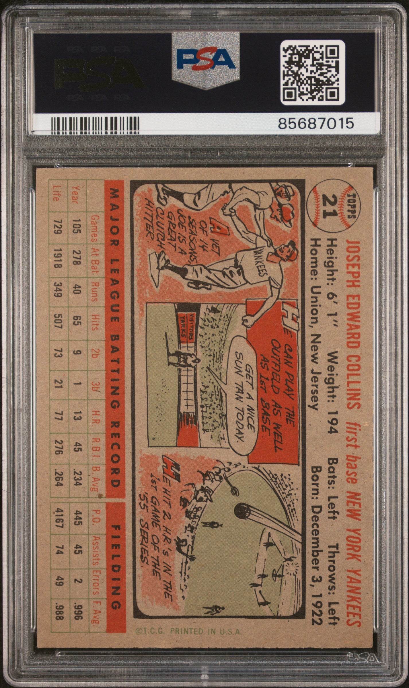 1956 Topps Joe Collins #21 Gray Back PSA 7.5