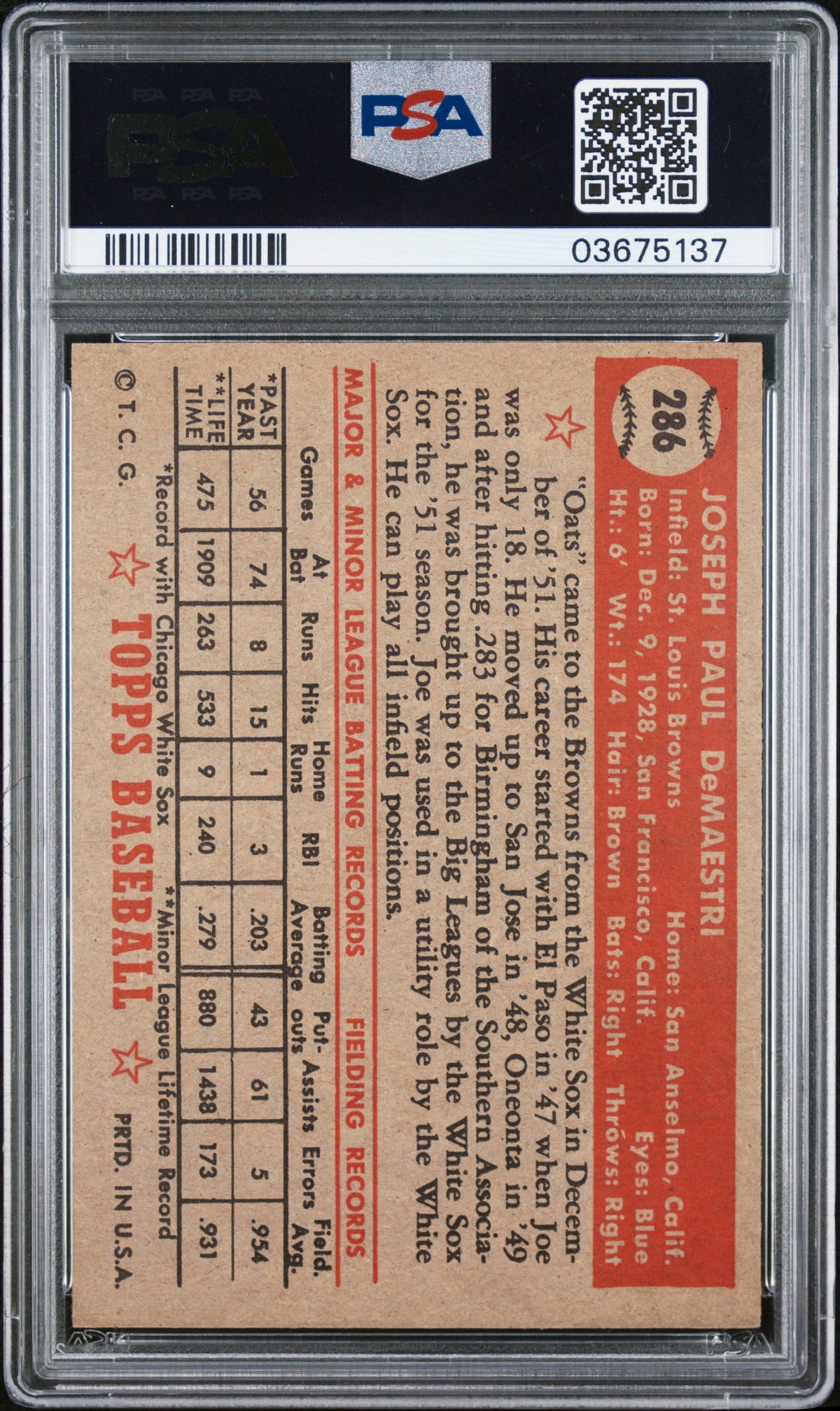 1952 Topps Joe Demaestri #286 PSA 7
