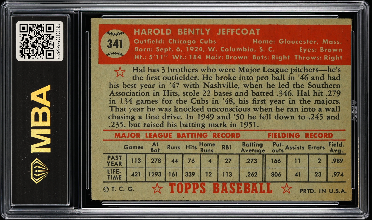 1952 Topps Hal Jeffcoat #341 MBA 2