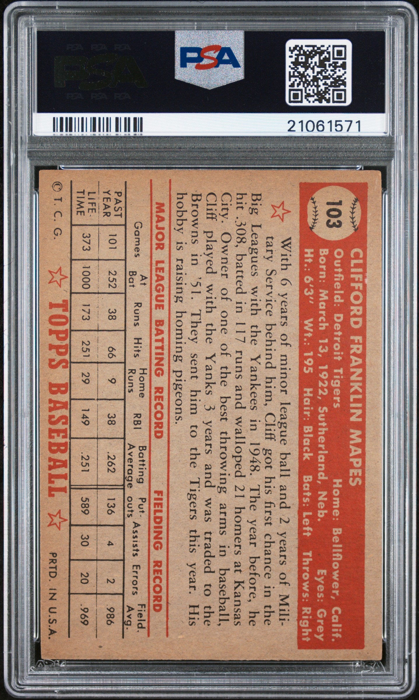 1952 Topps Cliff Mapes #103 PSA 7