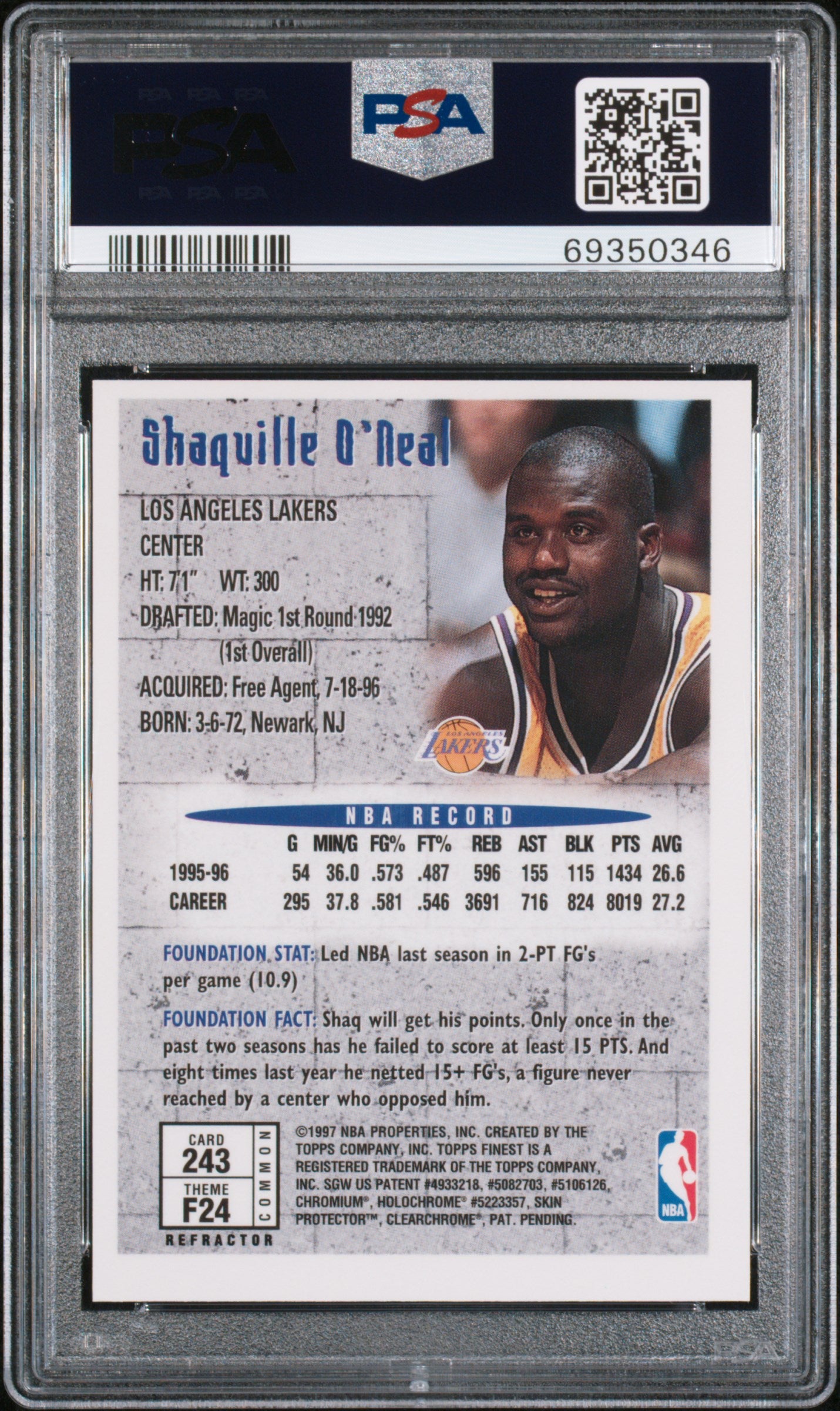 1996 Finest Shaquille O'Neal #243 Refractor W Coating PSA 8