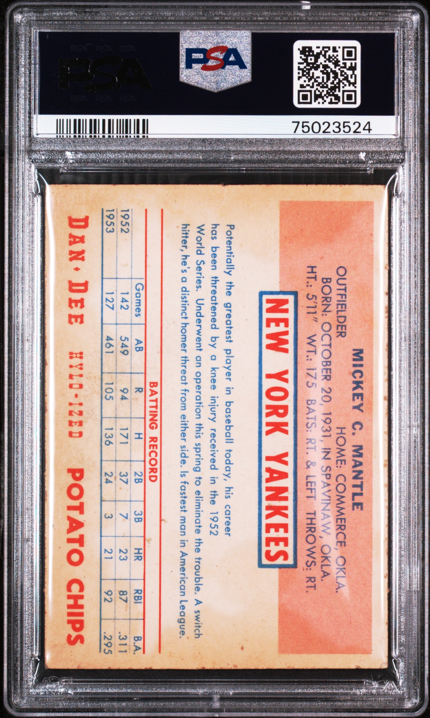1954 Dan-Dee Potato Chips Mickey Mantle PSA 3