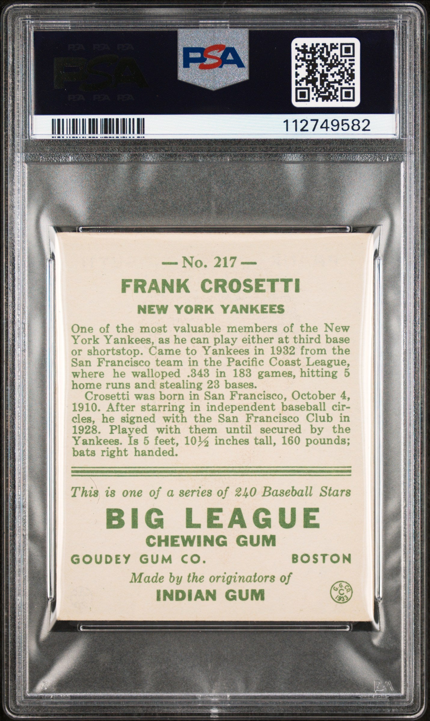 1933 Goudey Frank Crosetti #217 PSA 4