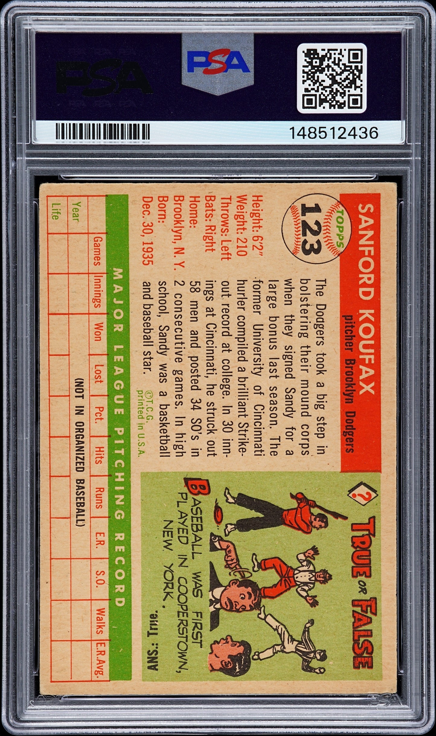 1955 Topps Sandy Koufax #123 PSA 3.5 Auto 10