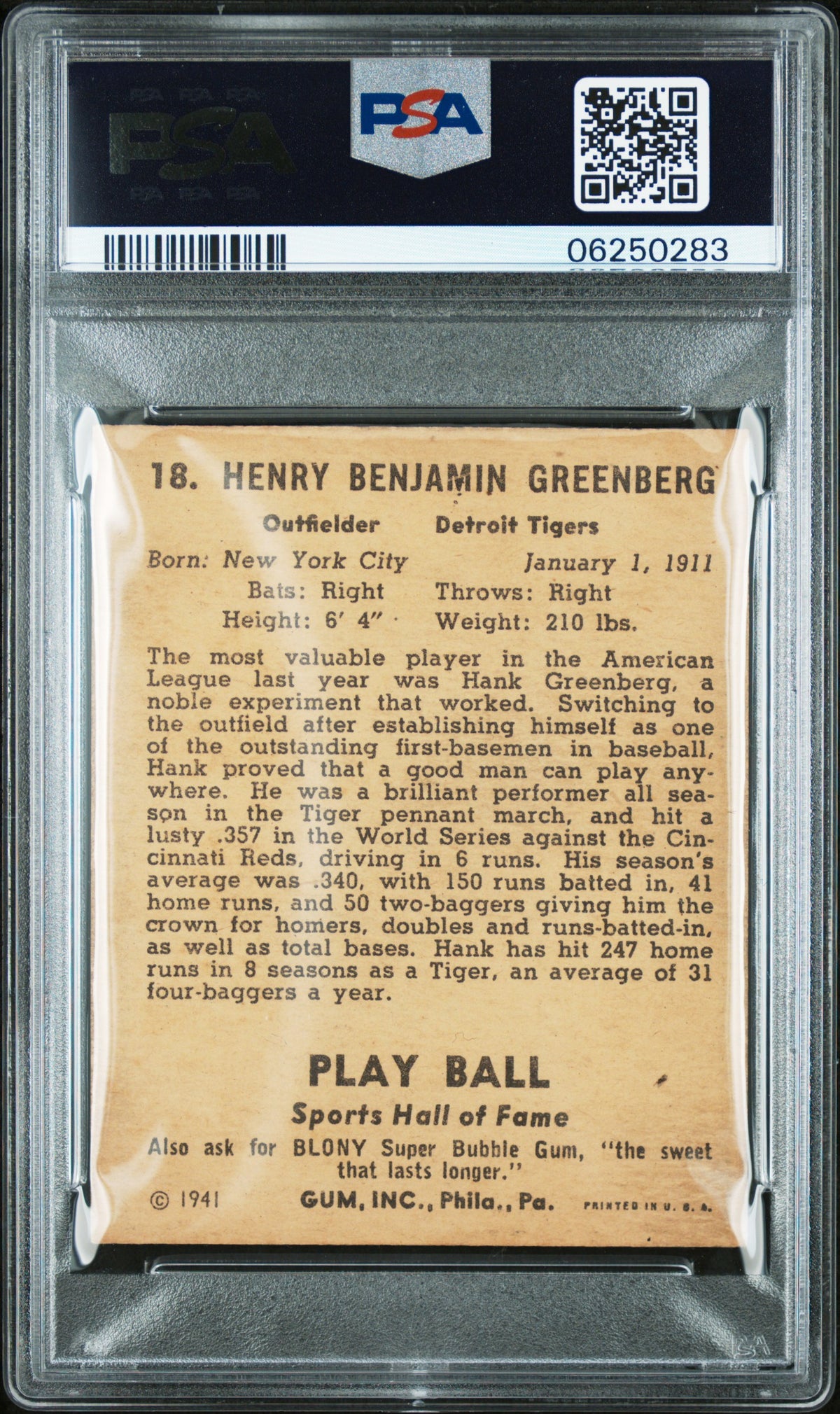 1941 Play Ball Hank Greenberg #18 PSA 7