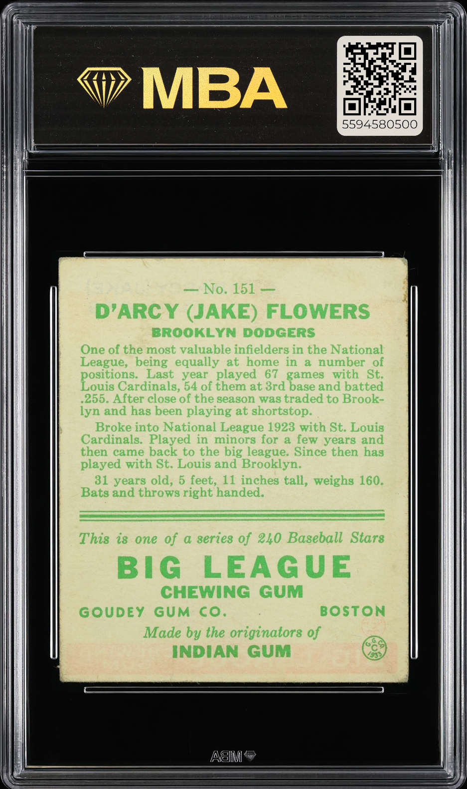 1933 Goudey D'Arcy (Jake) Flowers #151 MBA 2