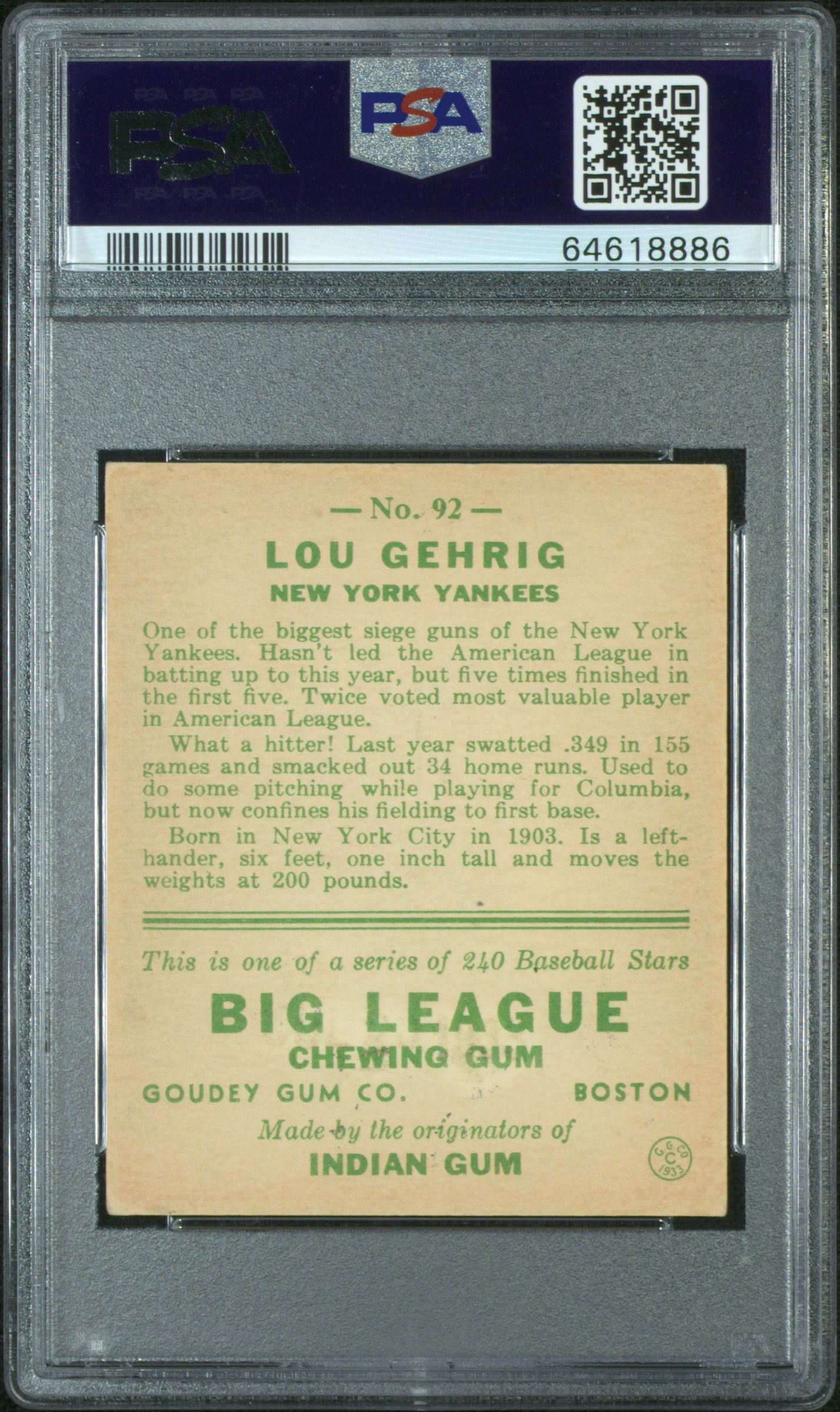 1933 Goudey Lou Gehrig #92 PSA 4.5