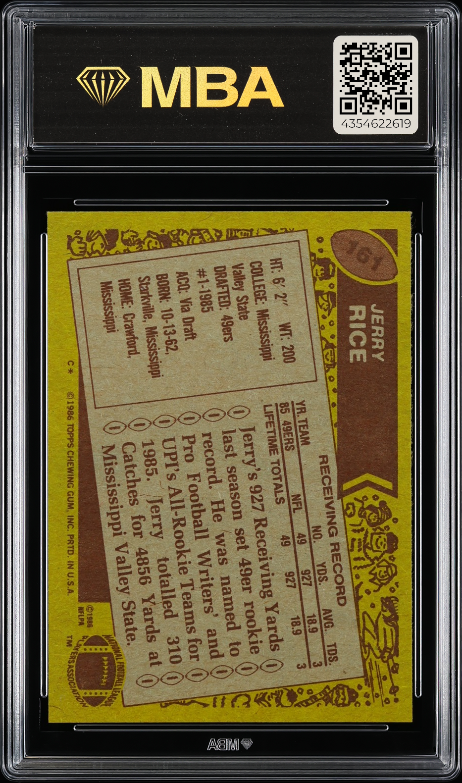 1986 Topps Jerry Rice #161 MBA 7 RC