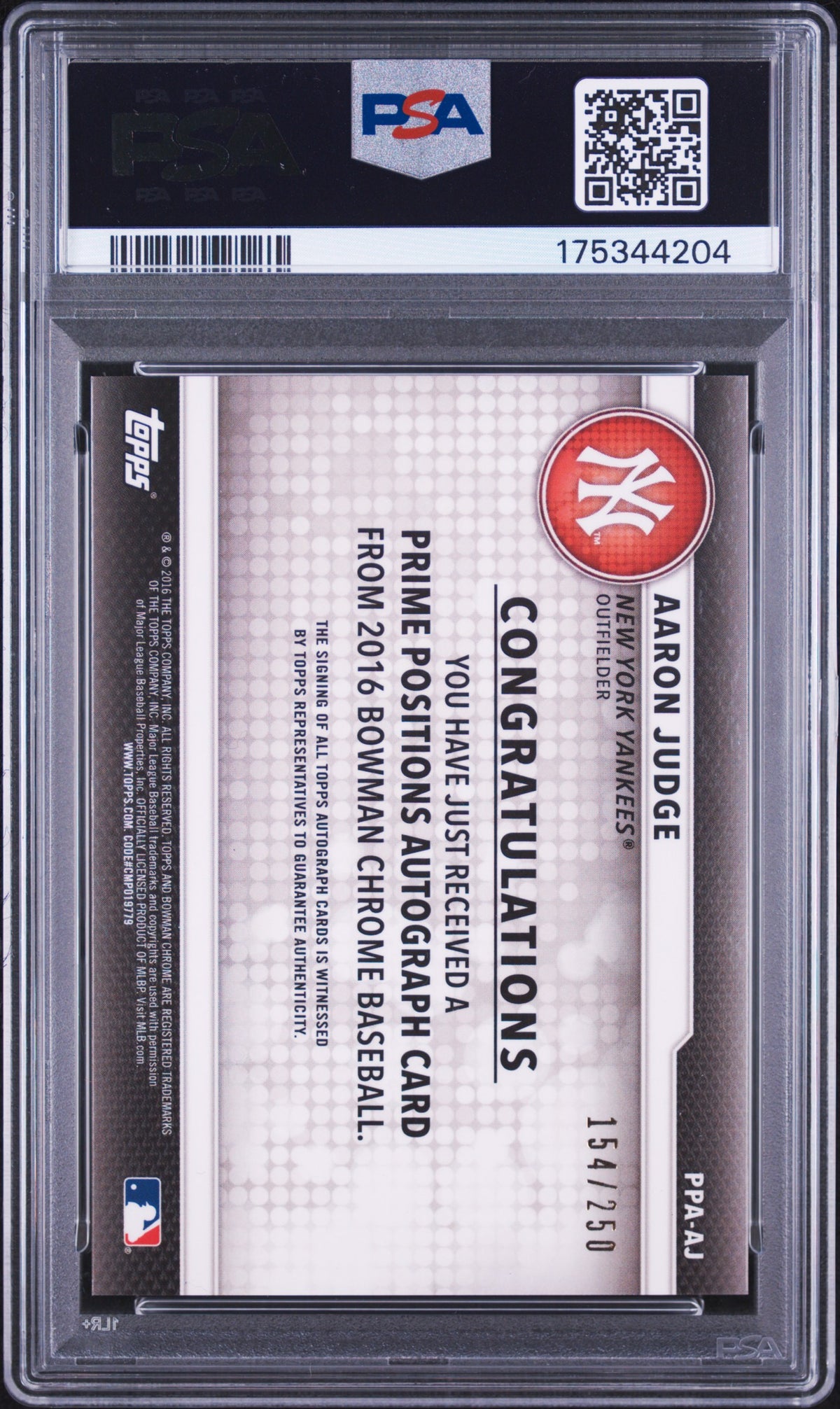 2016 Bowman Chrome Prime Position Autographs Aaron Judge #PPAAJ PSA 10 Auto 10