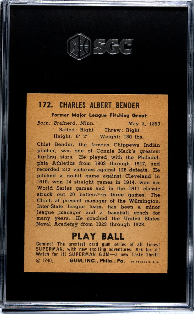 1940 Playball Chief Bender #172 SGC 4