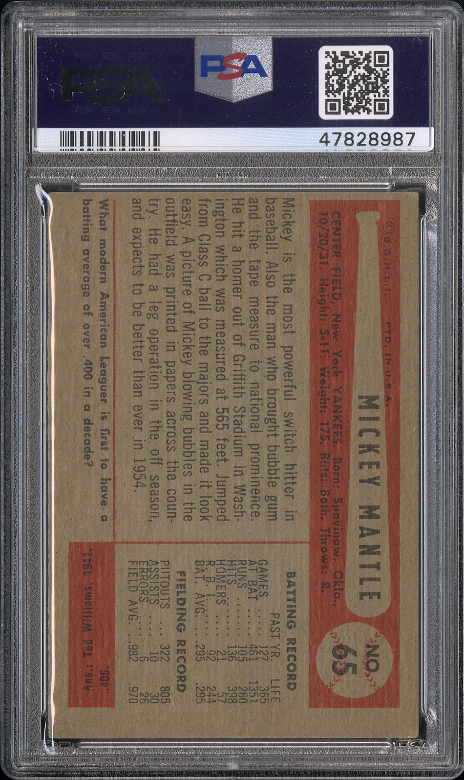 1954 Bowman Mickey Mantle #65 PSA 4
