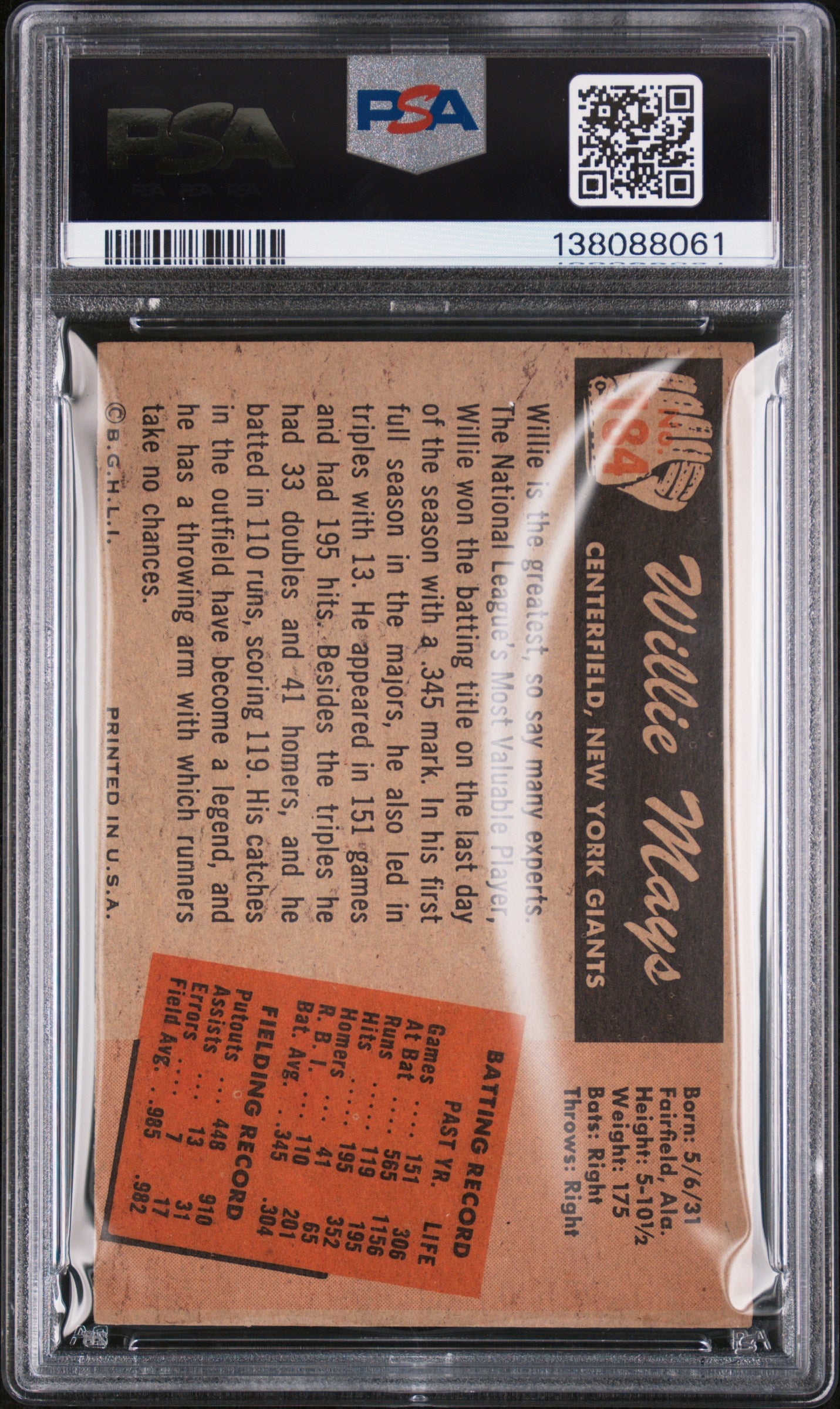 1955 Bowman Willie Mays #184 PSA 4