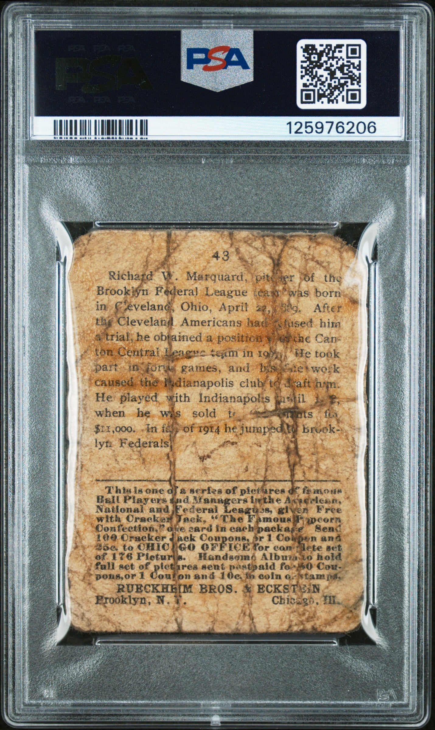 1915 Cracker Jack Rube Marquard #43 PSA 1