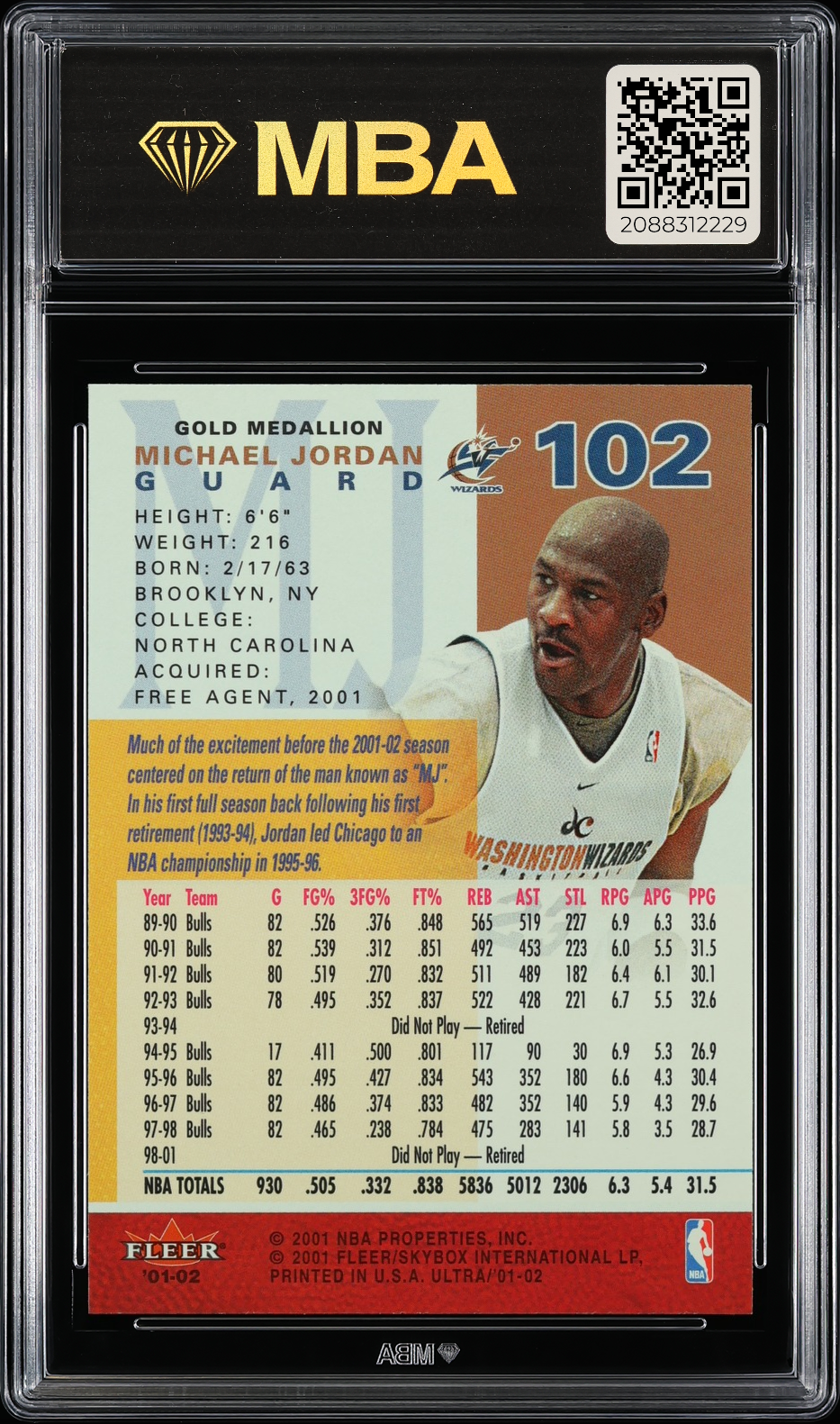 2001 Ultra Michael Jordan #102 Gold Medallion MBA 9