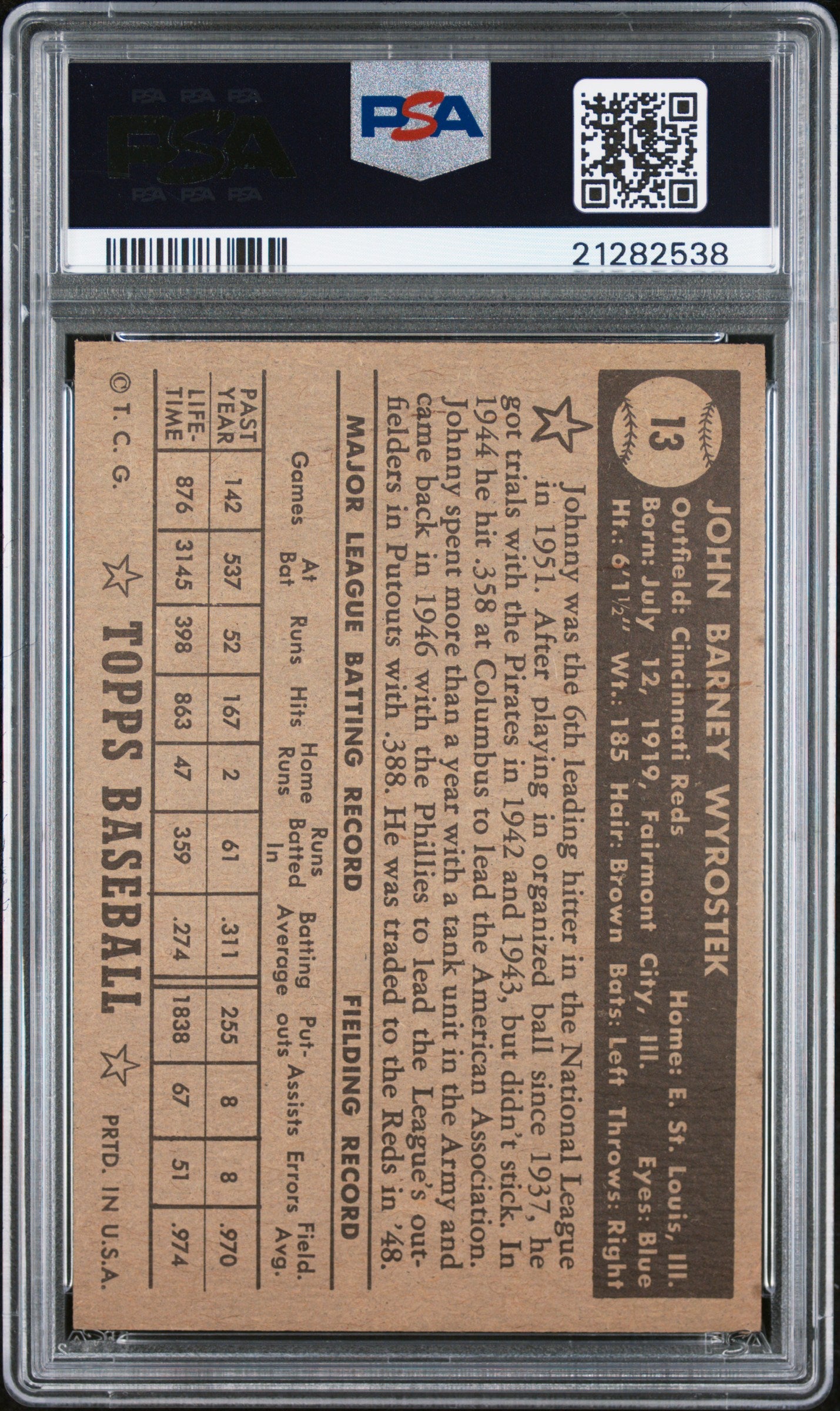 1952 Topps Johnny Wyrostek #13 Black Back PSA 7