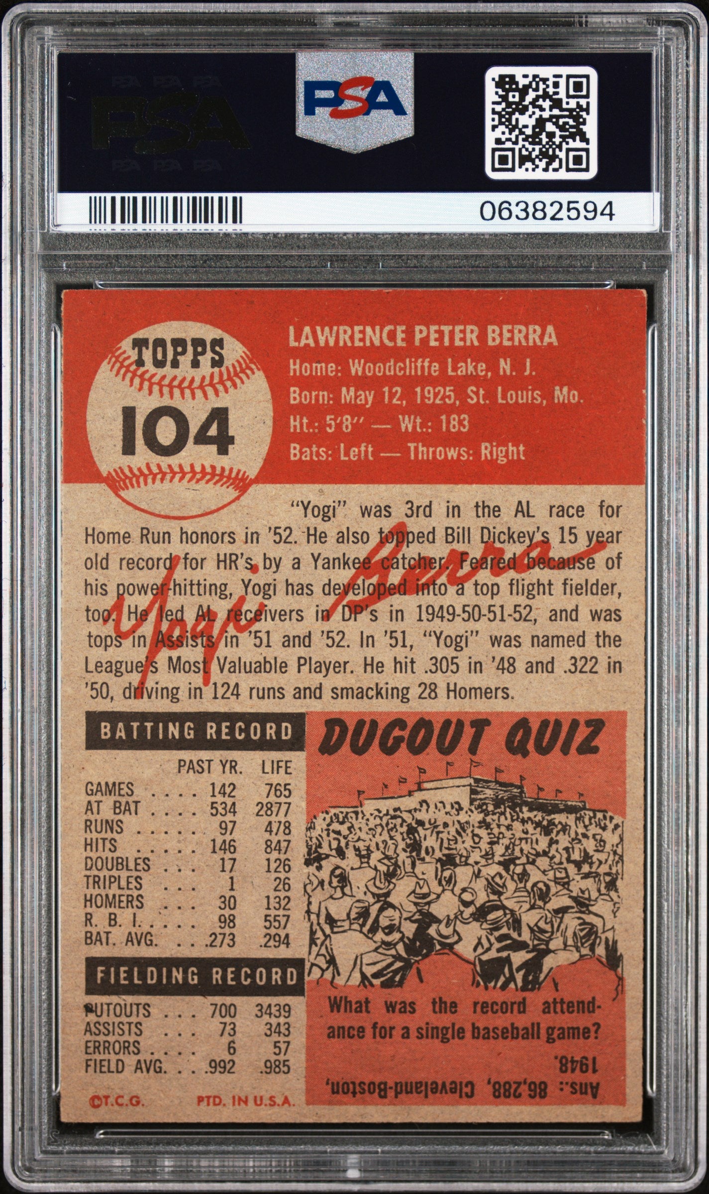 1953 Topps Yogi Berra #104 PSA 6