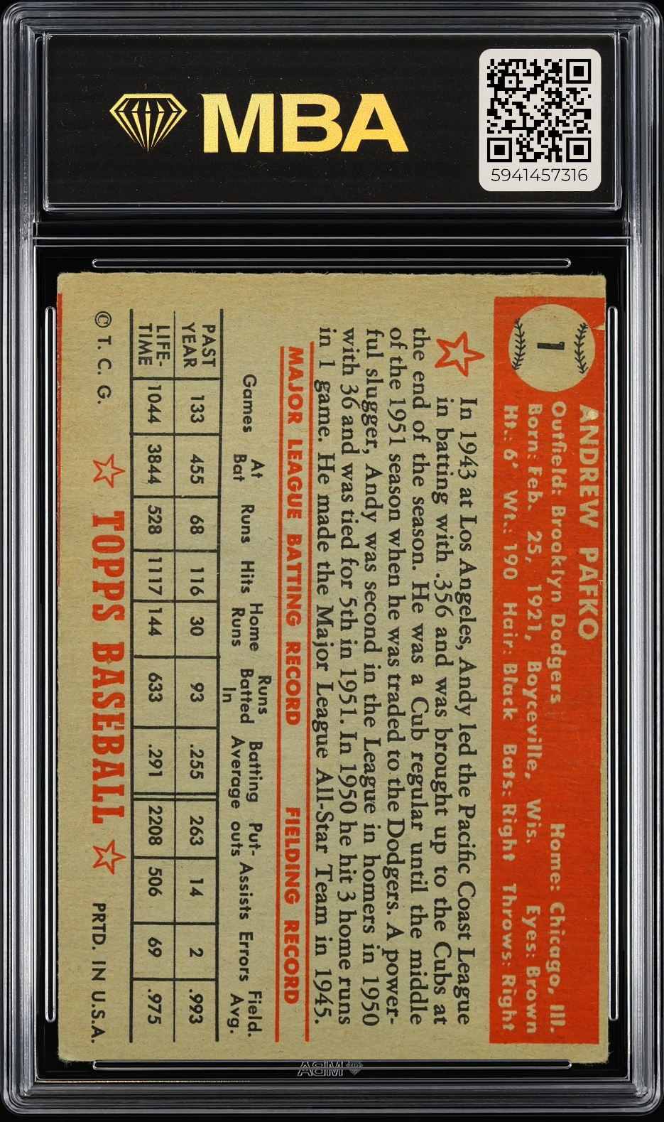1952 Topps Andy Pafko #1 Red Back MBA 3