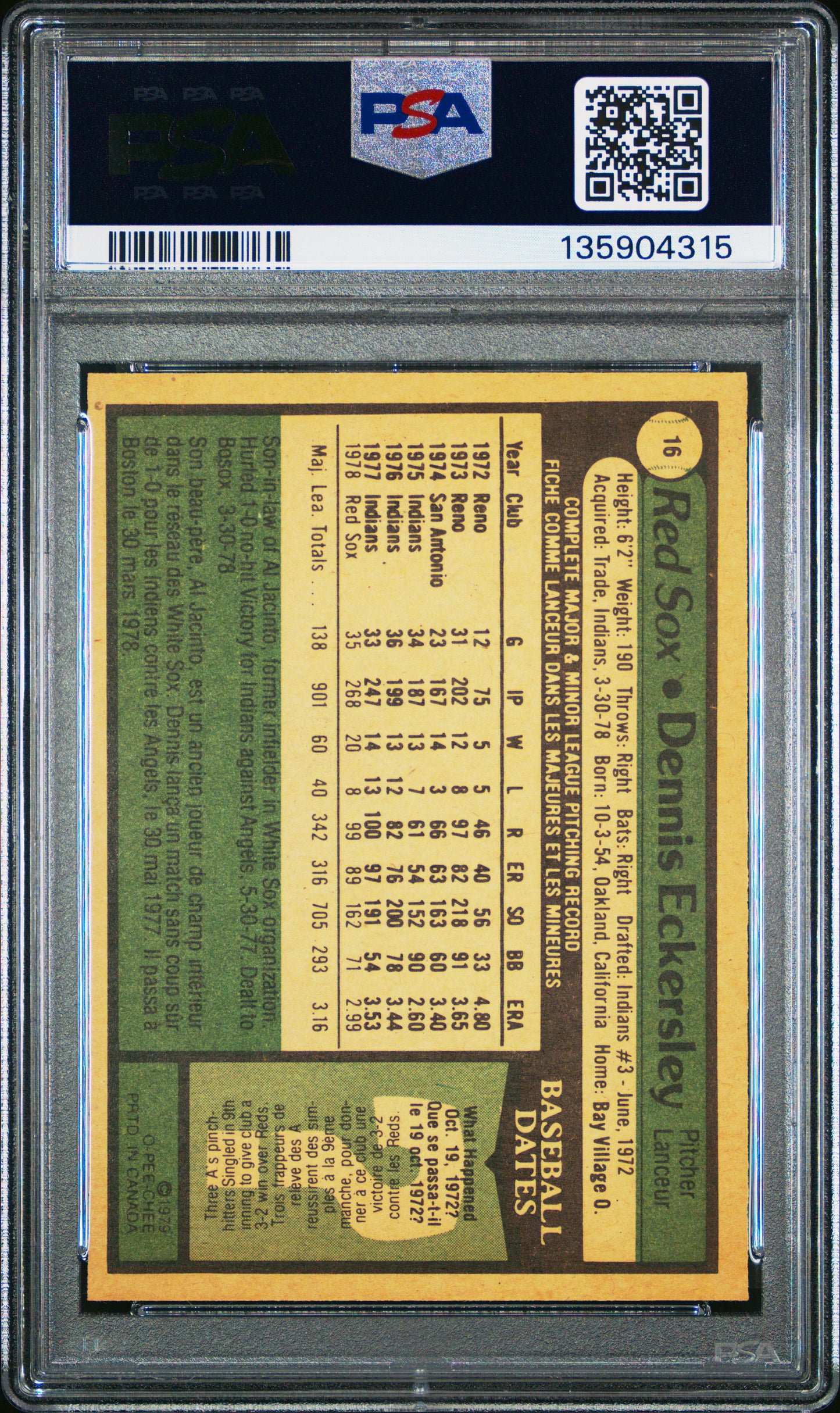 1979 O-Pee-Chee Dennis Eckersley #16 PSA 9