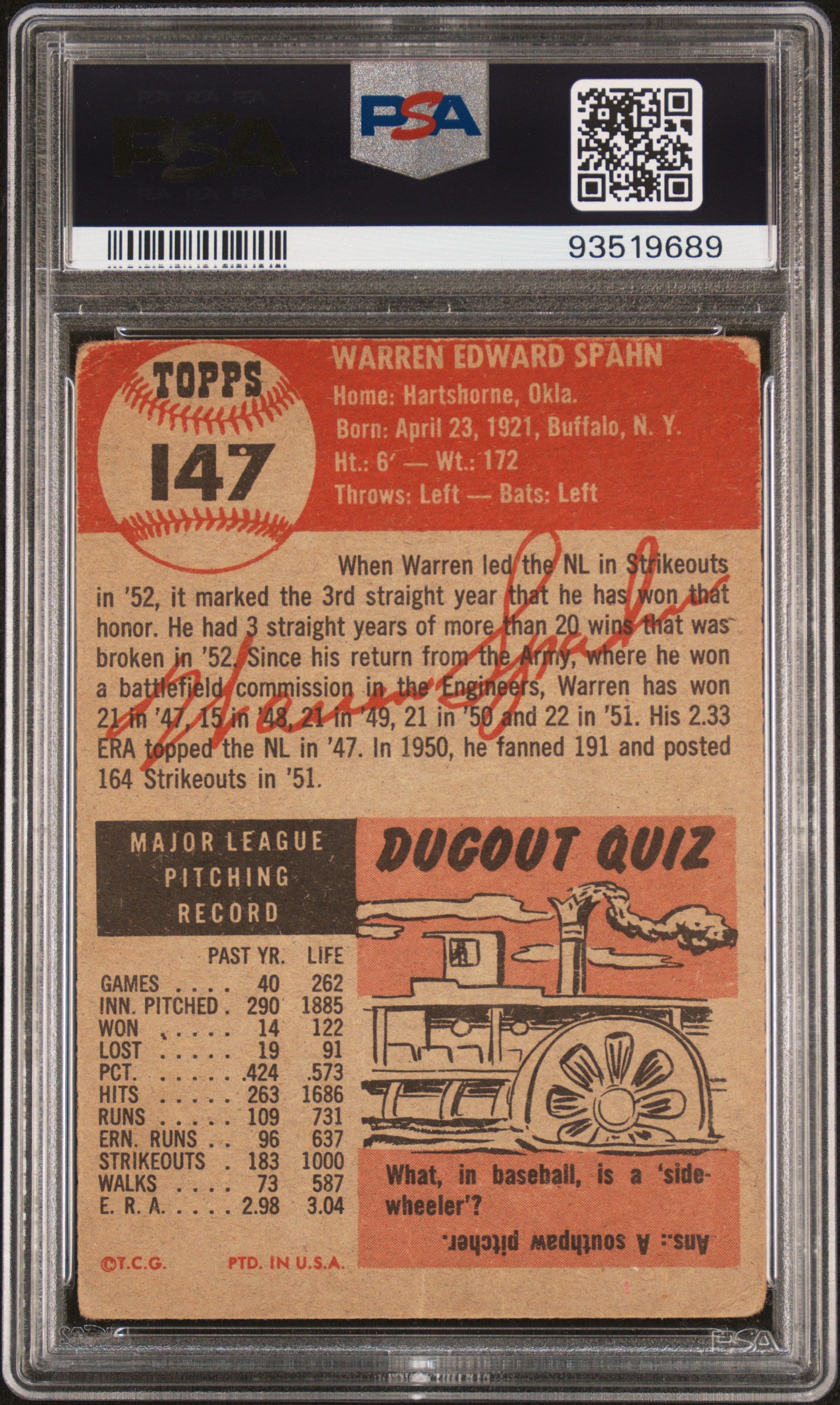 1953 Topps Warren Spahn #147 PSA 1.5 MC
