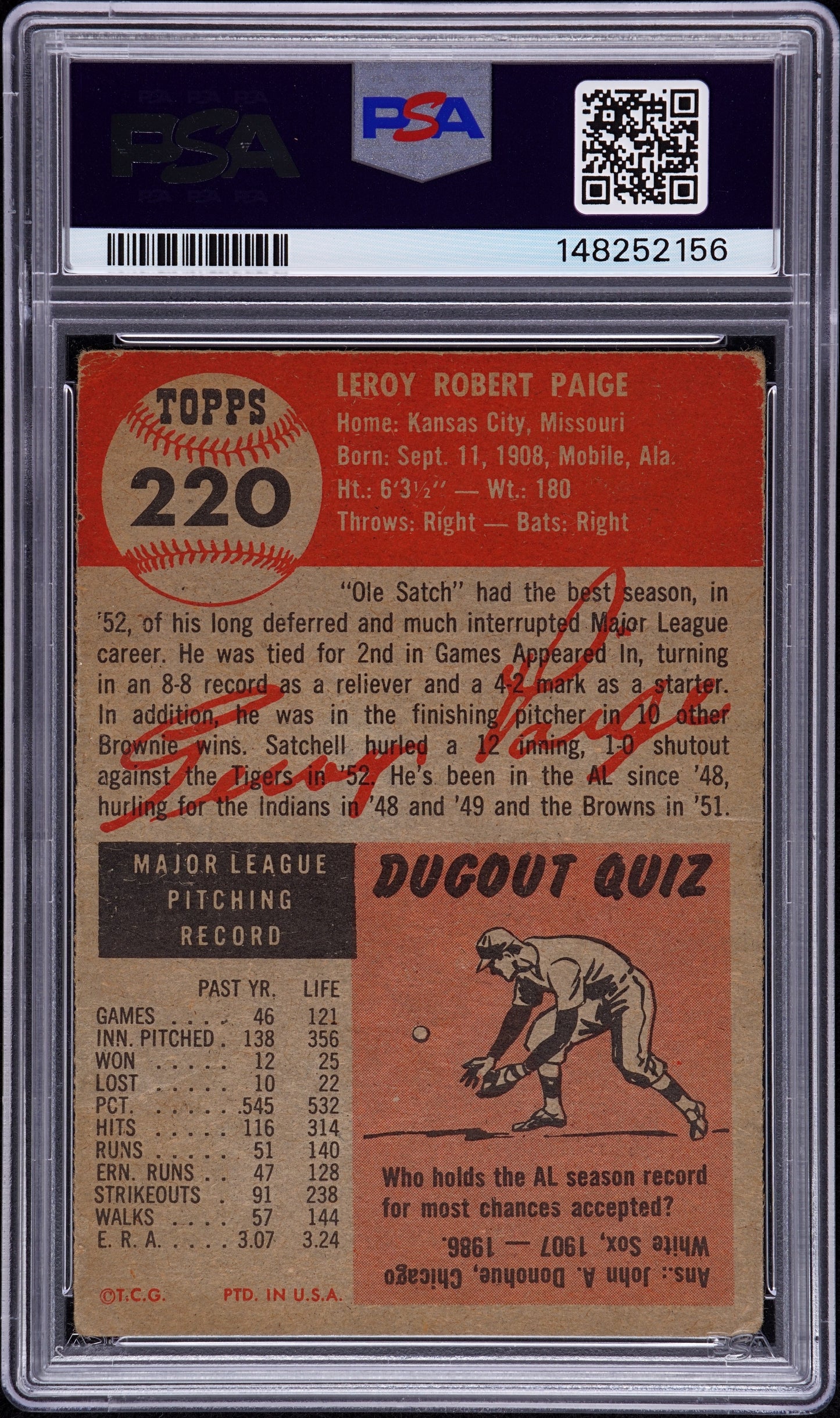 1953 Topps Satchell Paige #220 PSA 1 Auto A