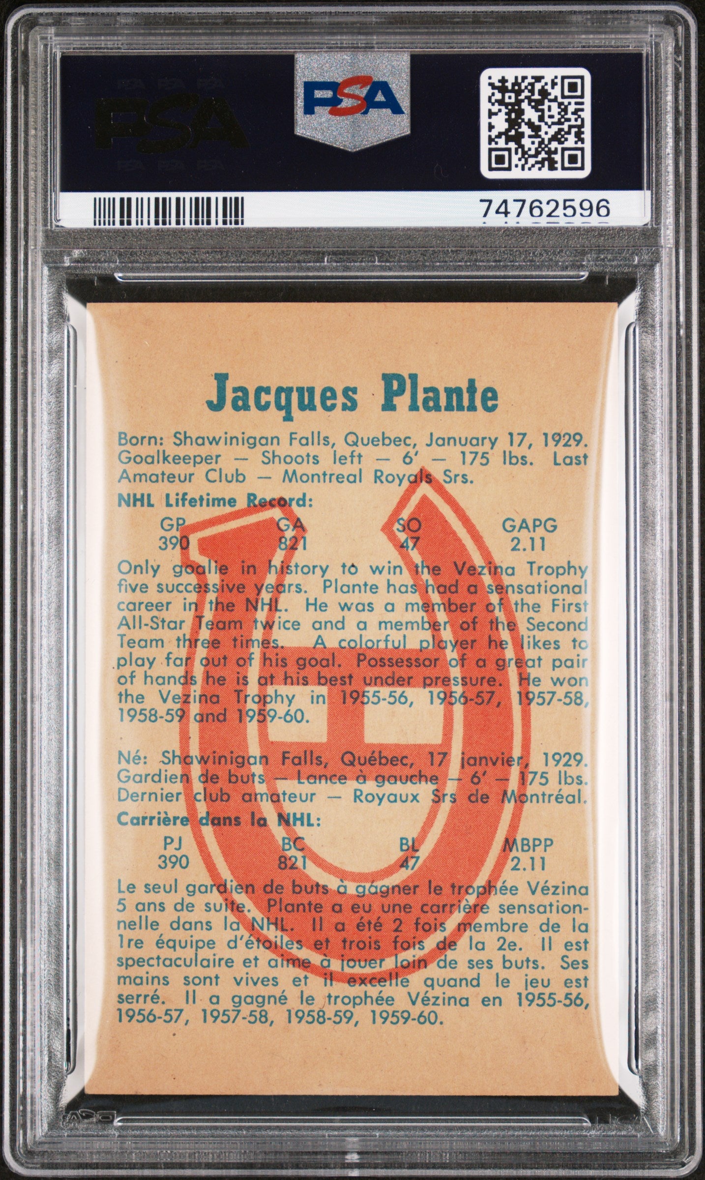 1960 Parkhurst Jacques Plante #53 PSA 4
