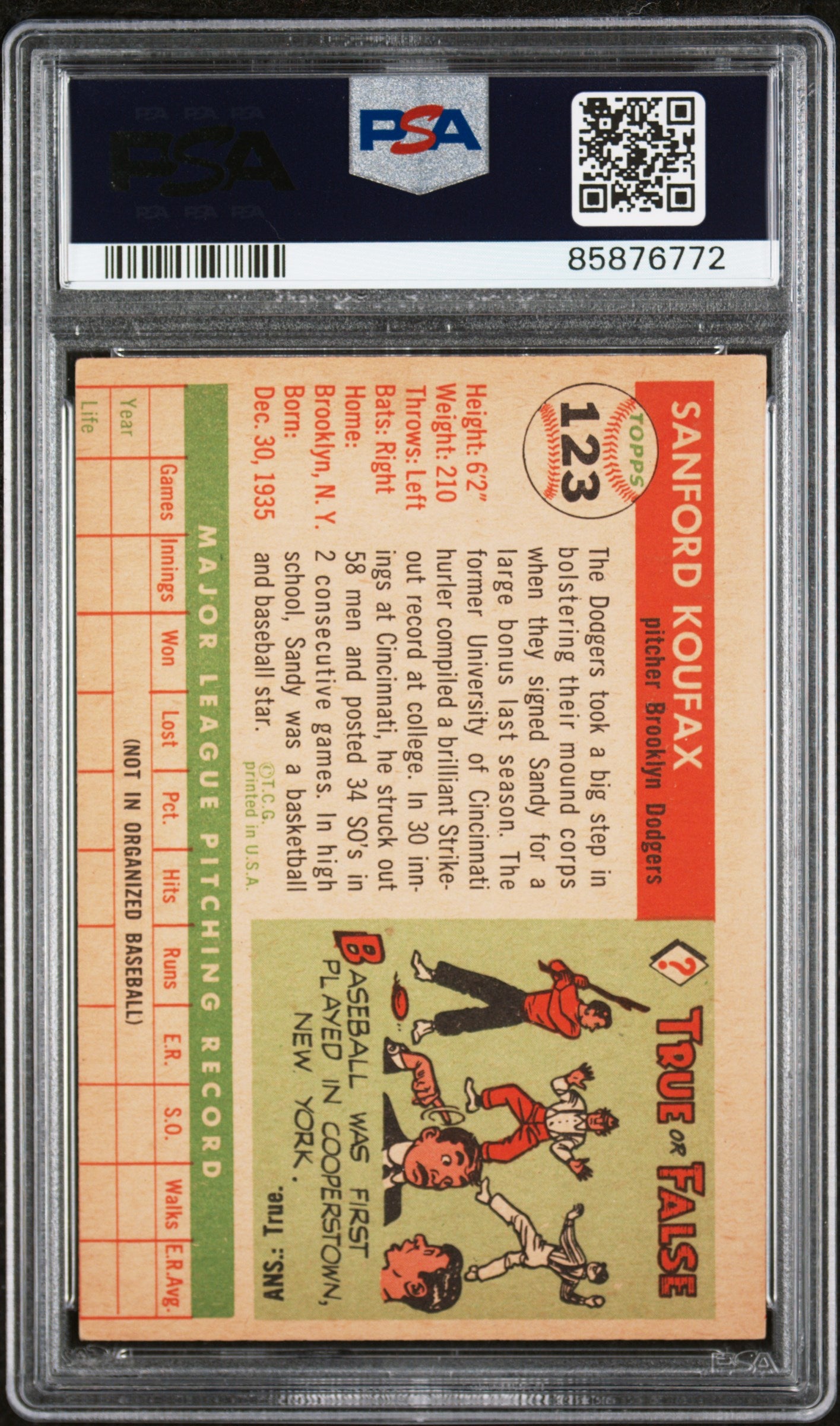 1955 Topps Sandy Koufax #123 MC PSA 6