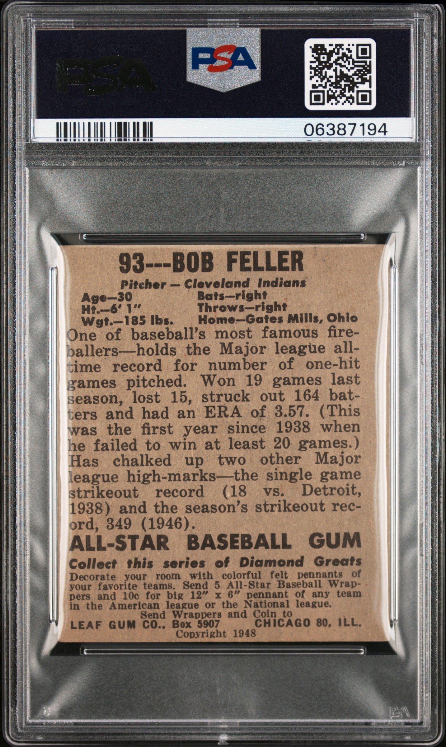 1948 Leaf Bob Feller #93 PSA 5