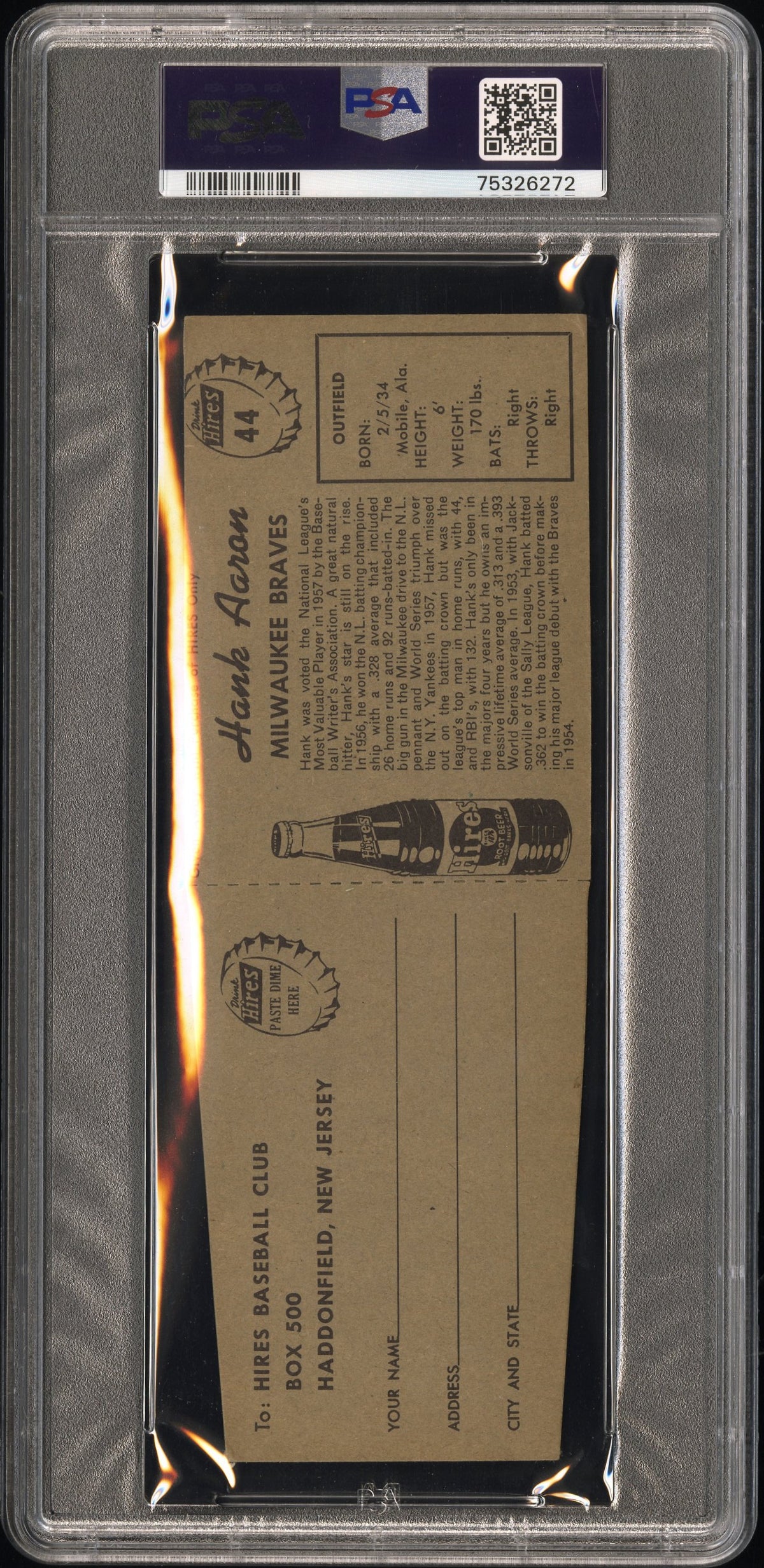 1958 Hires Root Beer Hank Aaron #44 With Tab PSA 3