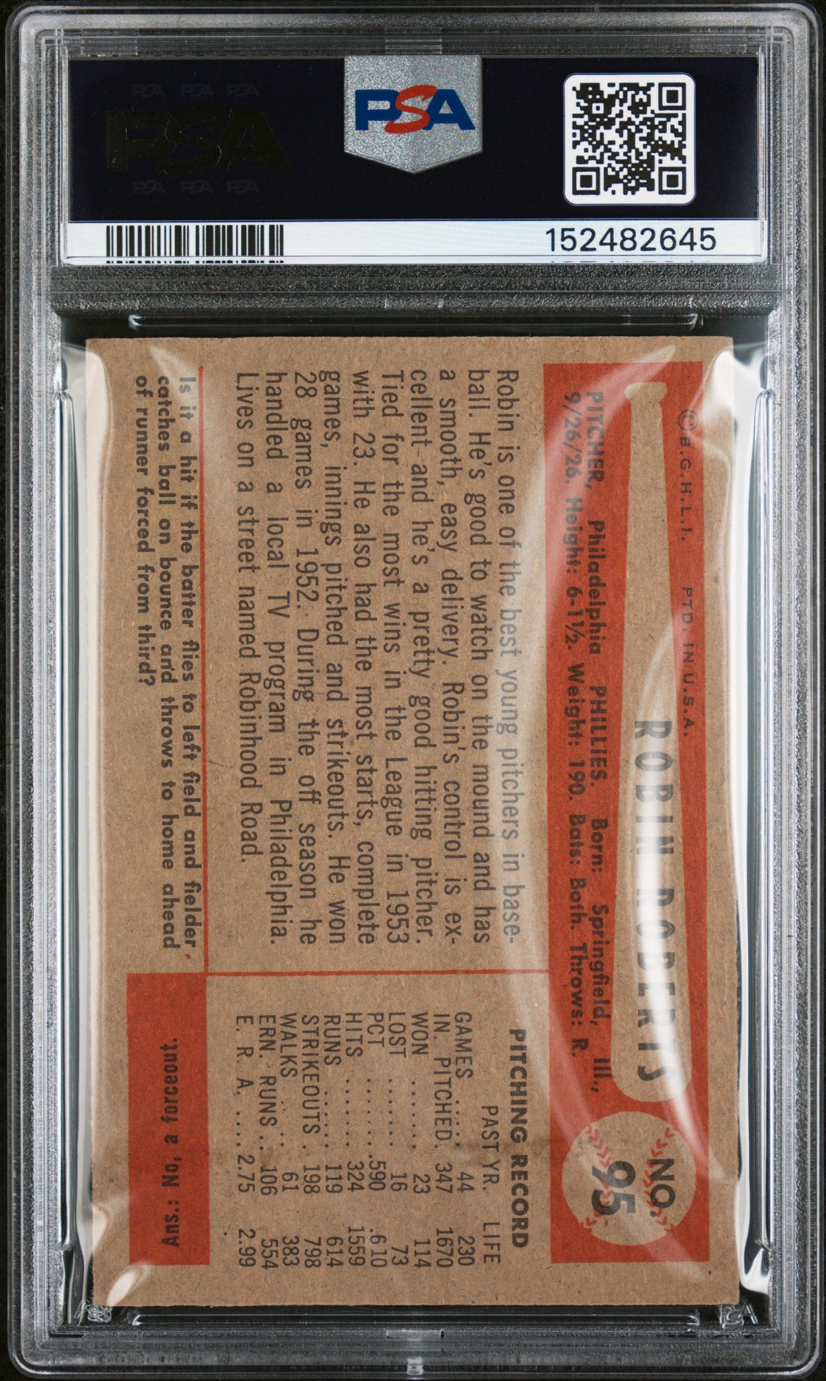 1954 Bowman Robin Roberts #95 PSA 4 Auto 8