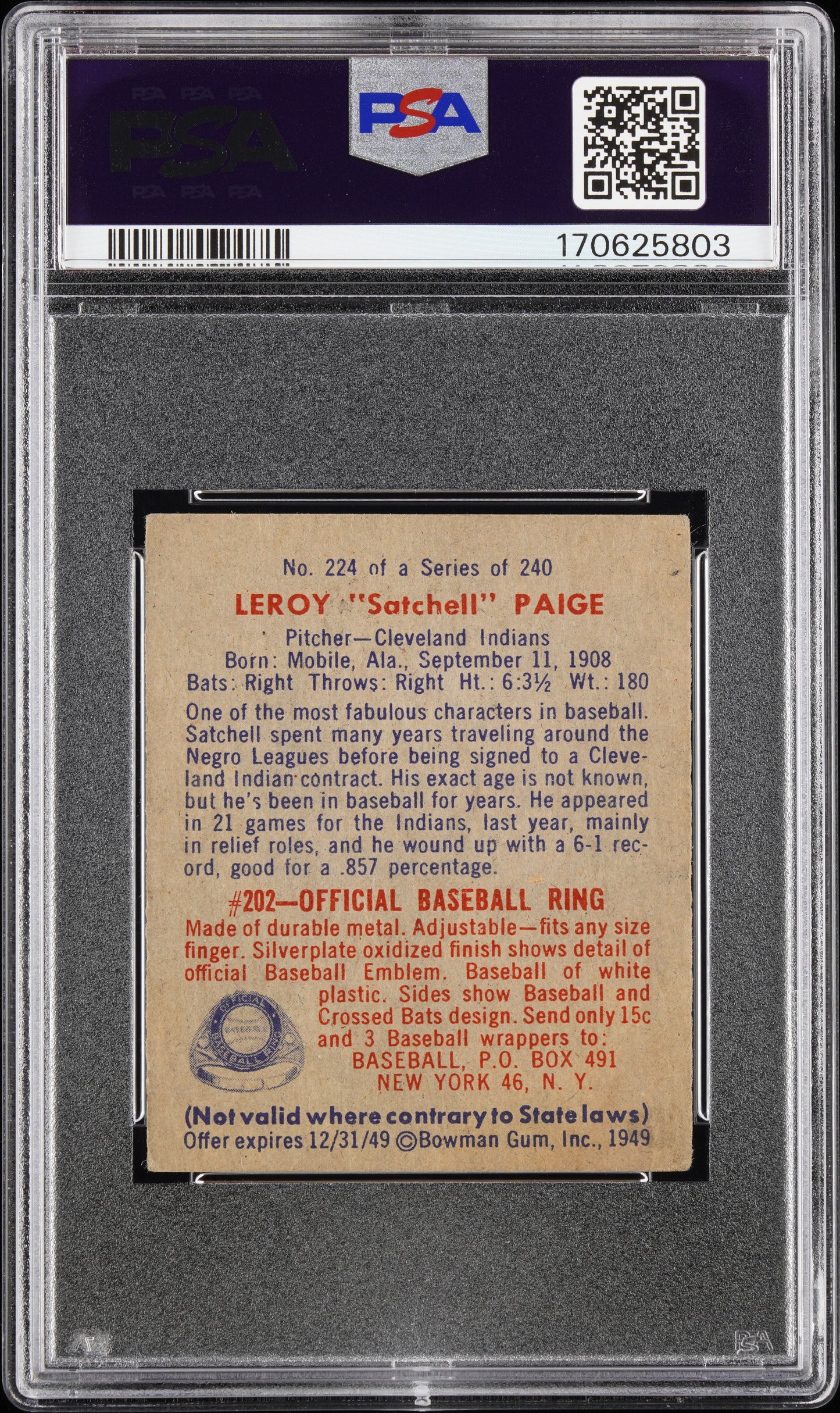 1949 Bowman Satchell Paige #224 PSA 3.5