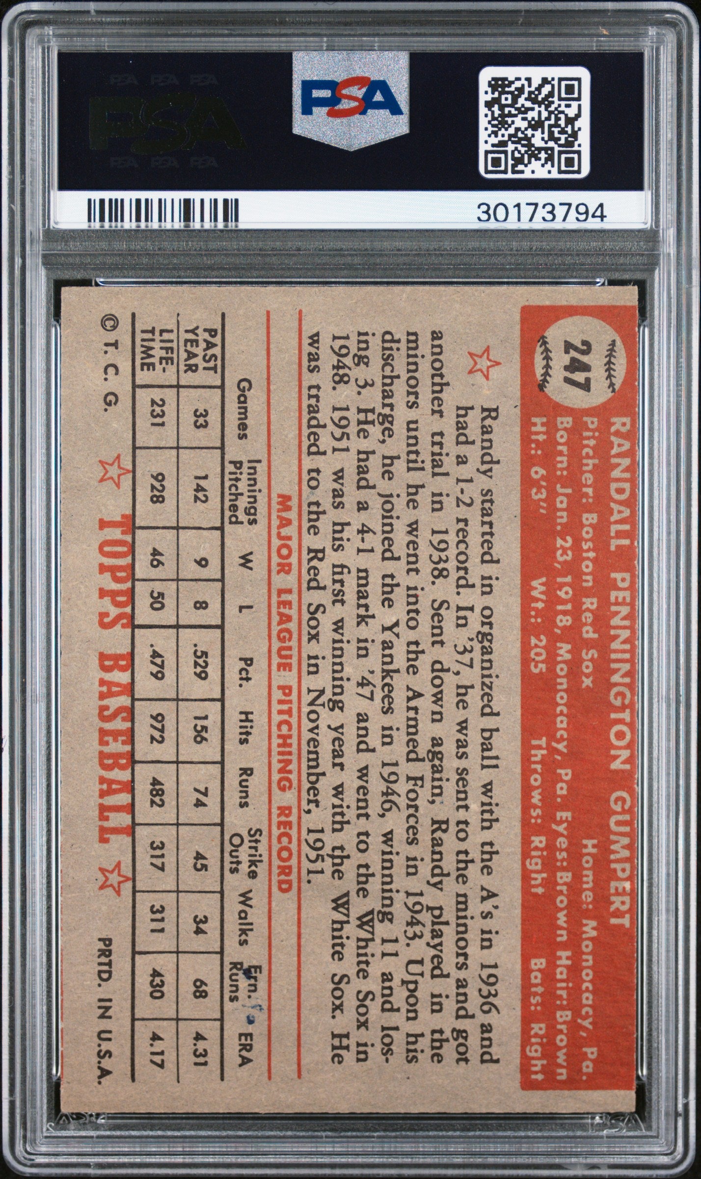 1952 Topps Randy Gumpert #247 PSA 7