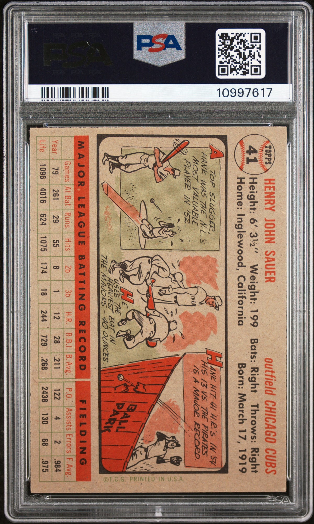 1956 Topps Hank Sauer #41 Gray Back PSA 8