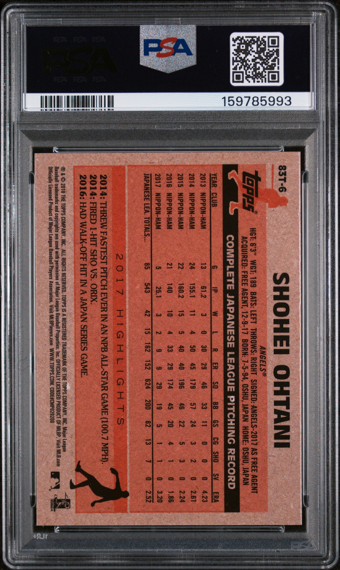 2018 Topps Chrome 1983 Topps Shohei Ohtani #83T-6 PSA 9