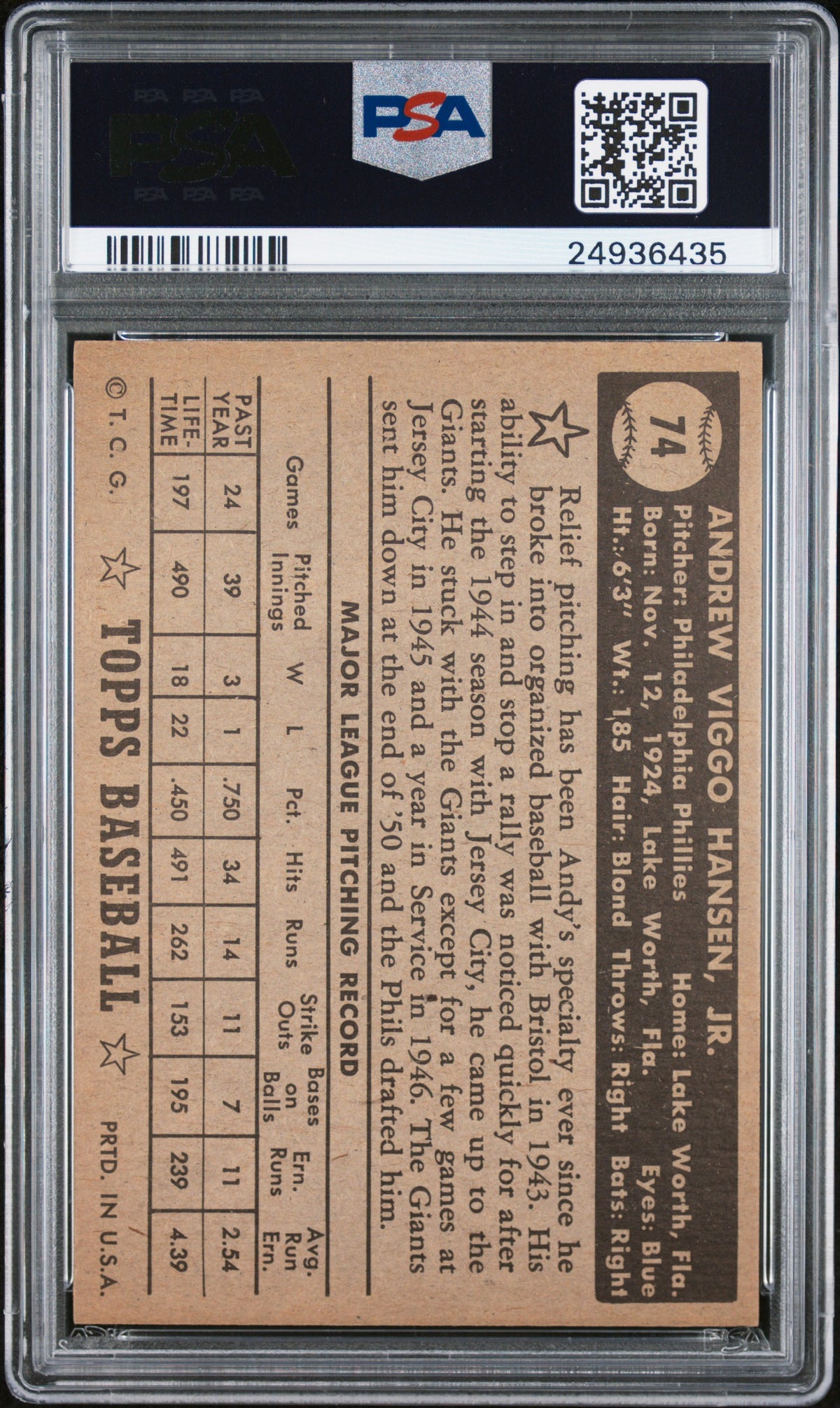 1952 Topps Andy Hansen #74 Black Back PSA 7