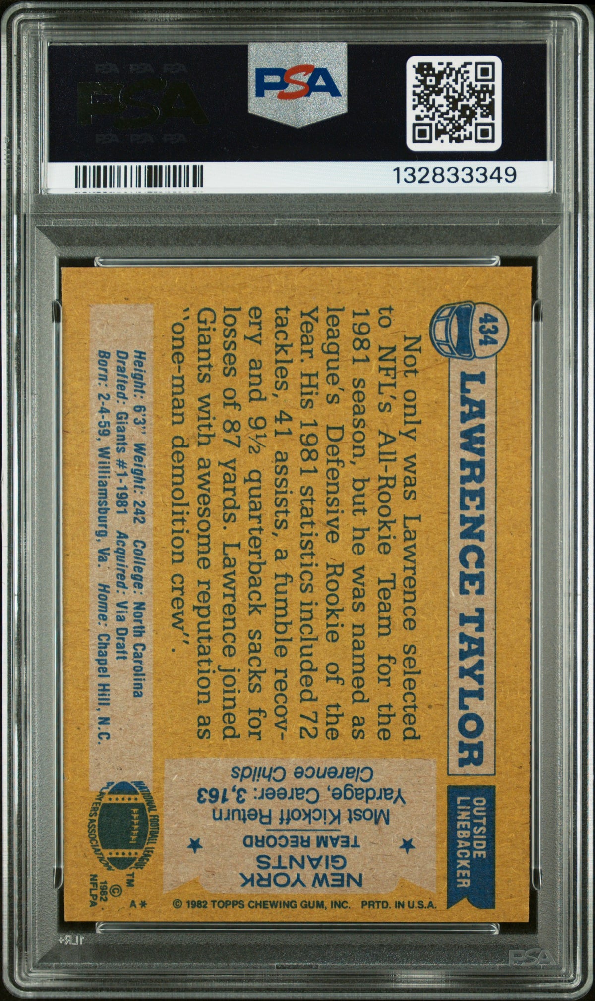1982 Topps Lawrence Taylor #434 All Pro PSA A Auto 10