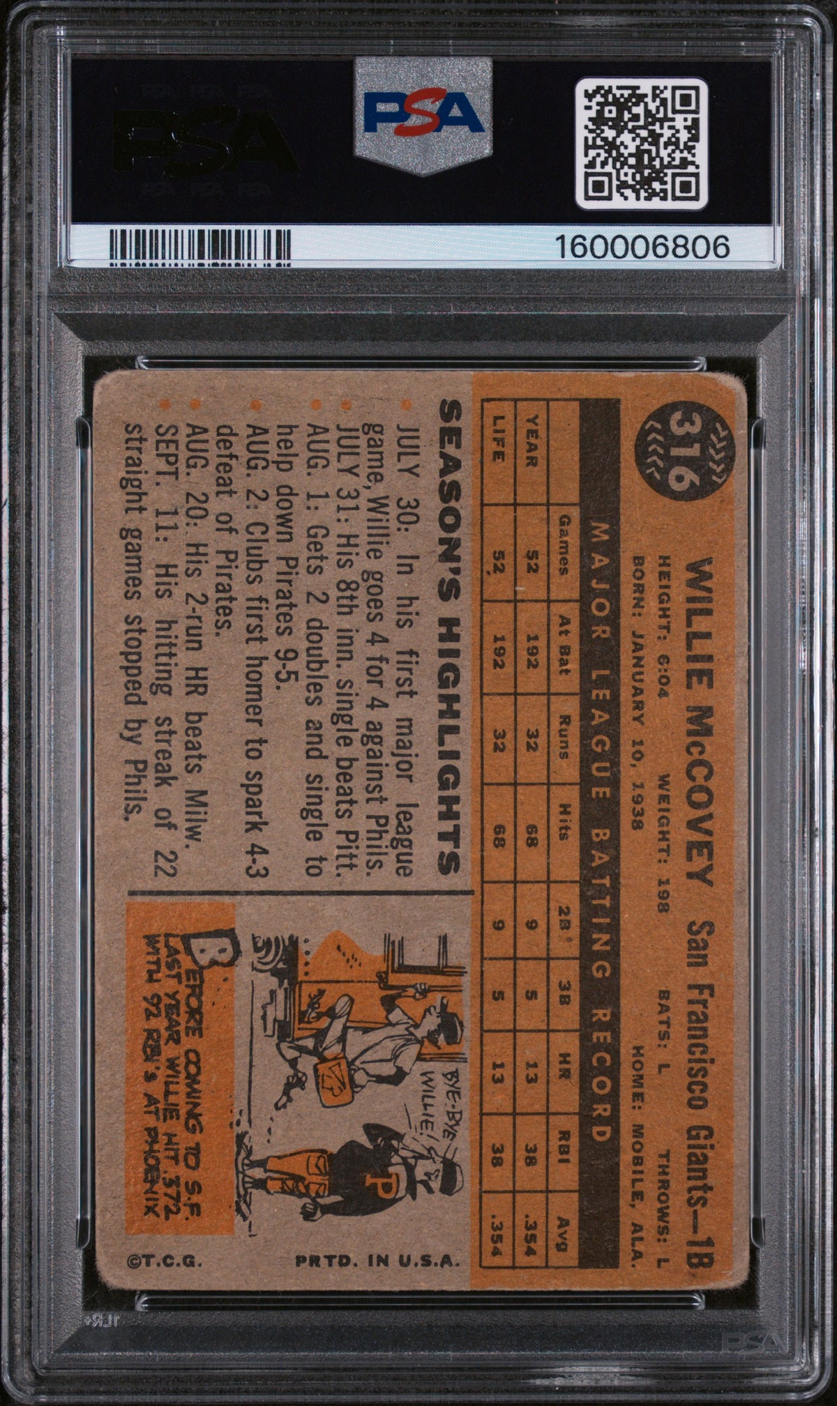 1960 Topps Willie Mccovey #316 All Star Rookie PSA A Auto A