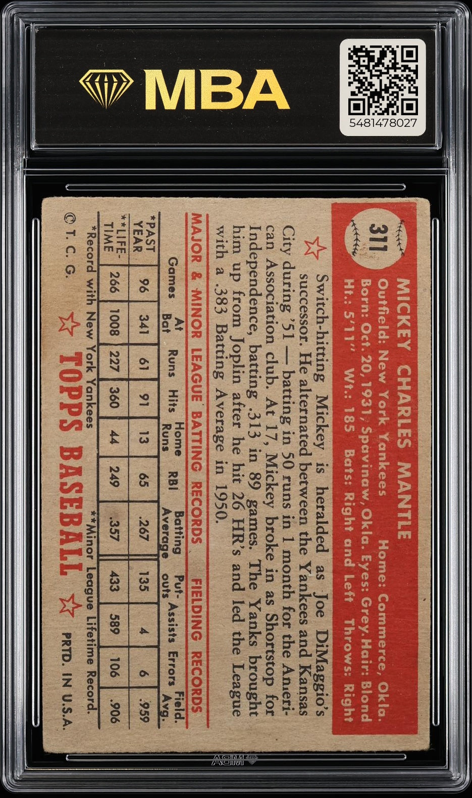 1952 Topps Mickey Mantle #311 MBA 1.5