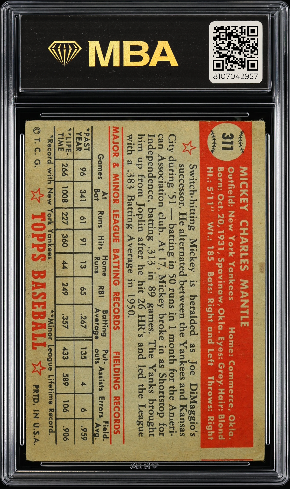 1952 Topps Mickey Mantle #311 MBA 2