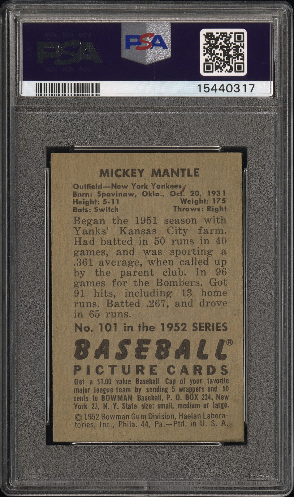 1952 Bowman Mickey Mantle #101 PSA 7
