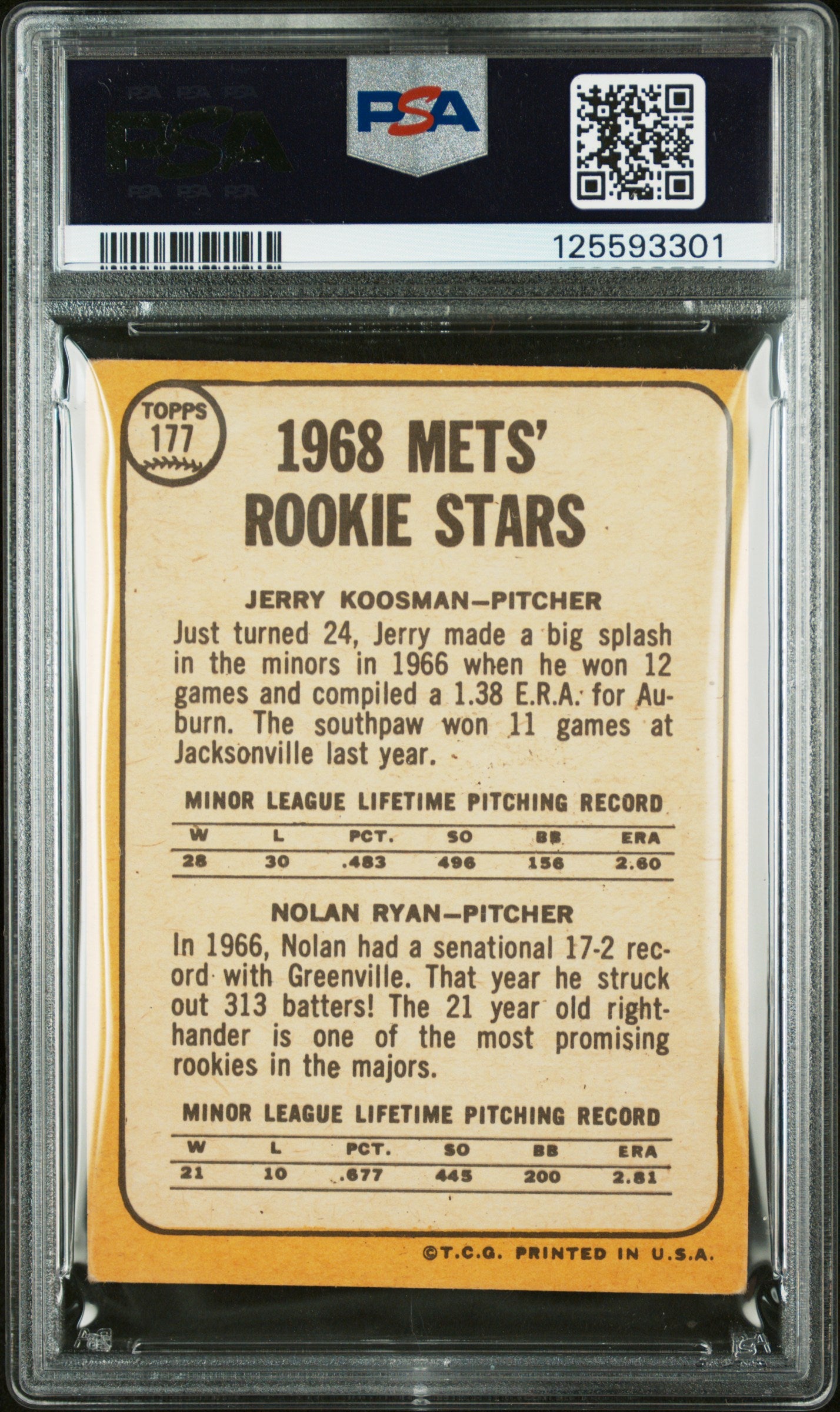 1968 Topps Mets Rookies #177 J. Koosman N. Ryan PSA 2.5