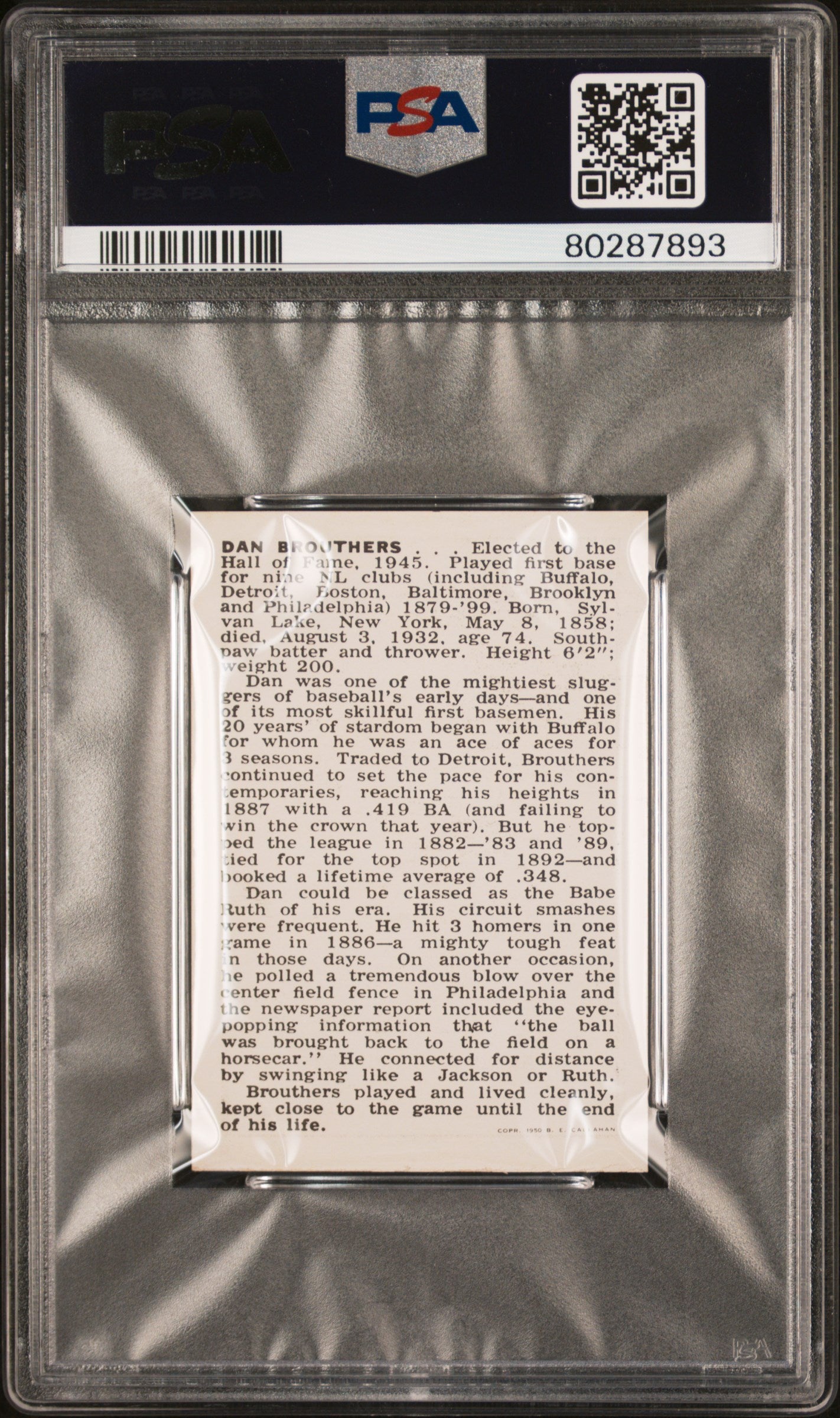 1950-56 Callahan Hall Of Fame Dan Brouthers PSA 9