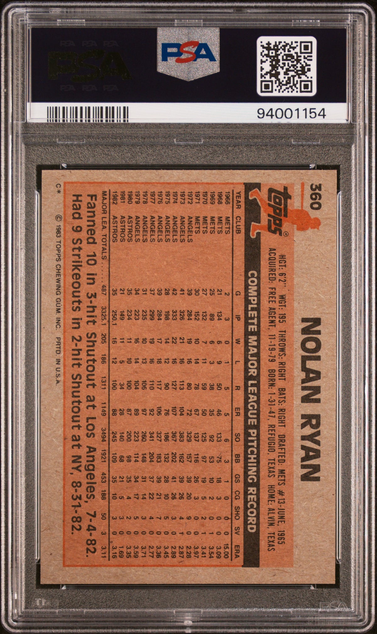 1983 Topps Nolan Ryan #360 PSA 10