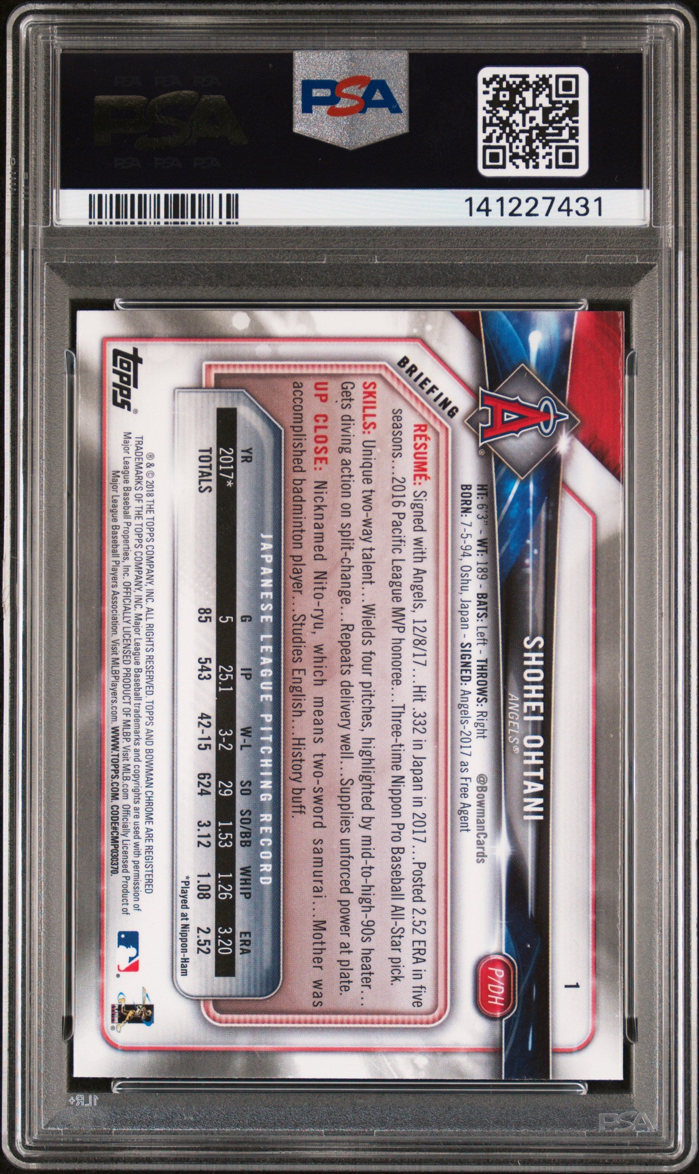 2018 Bowman Chrome Shohei Ohtani #1 PSA 9