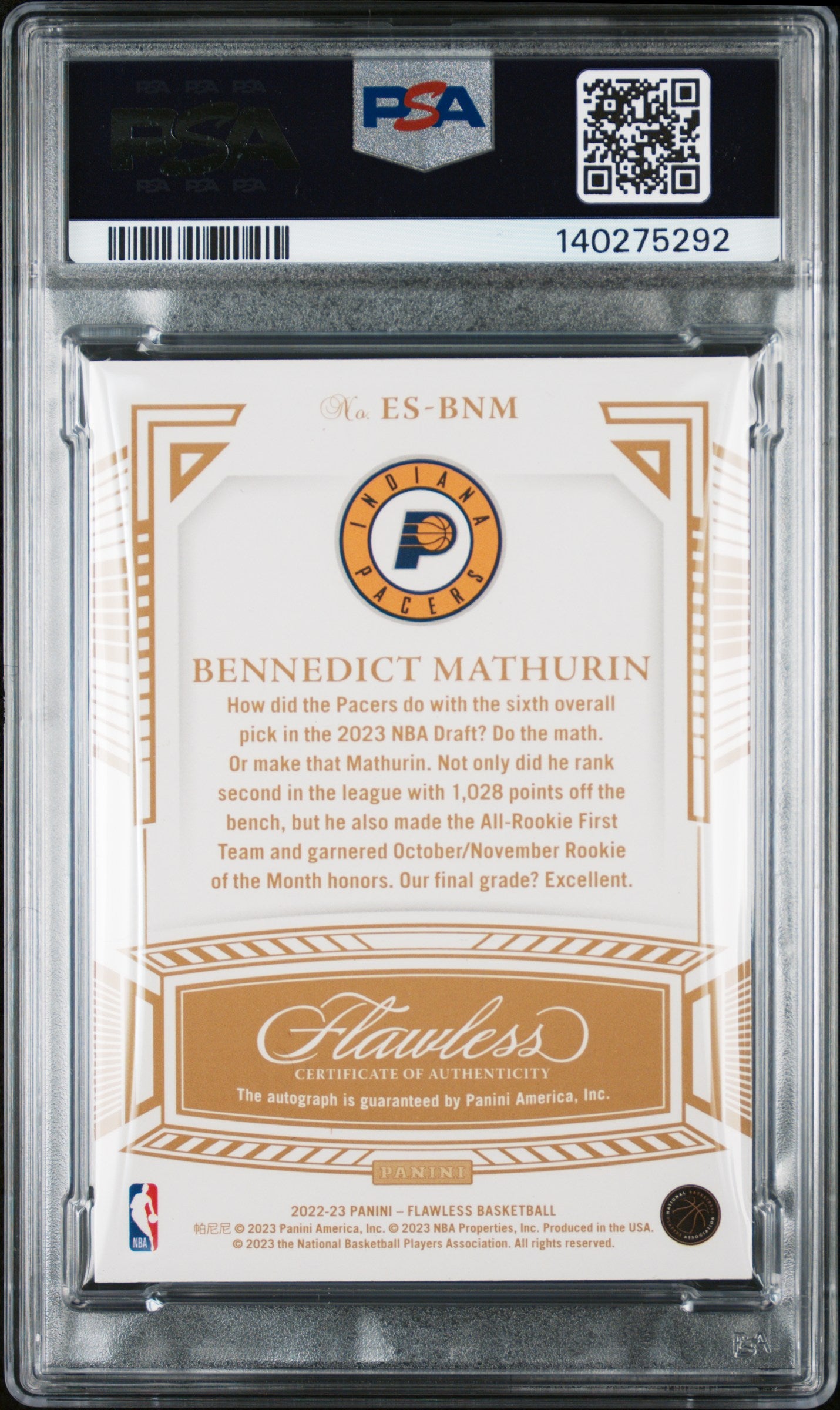 2022 Panini Flawless Excellence Bennedict Mathurin #ESBNM Gold PSA 9 /10 Auto 10