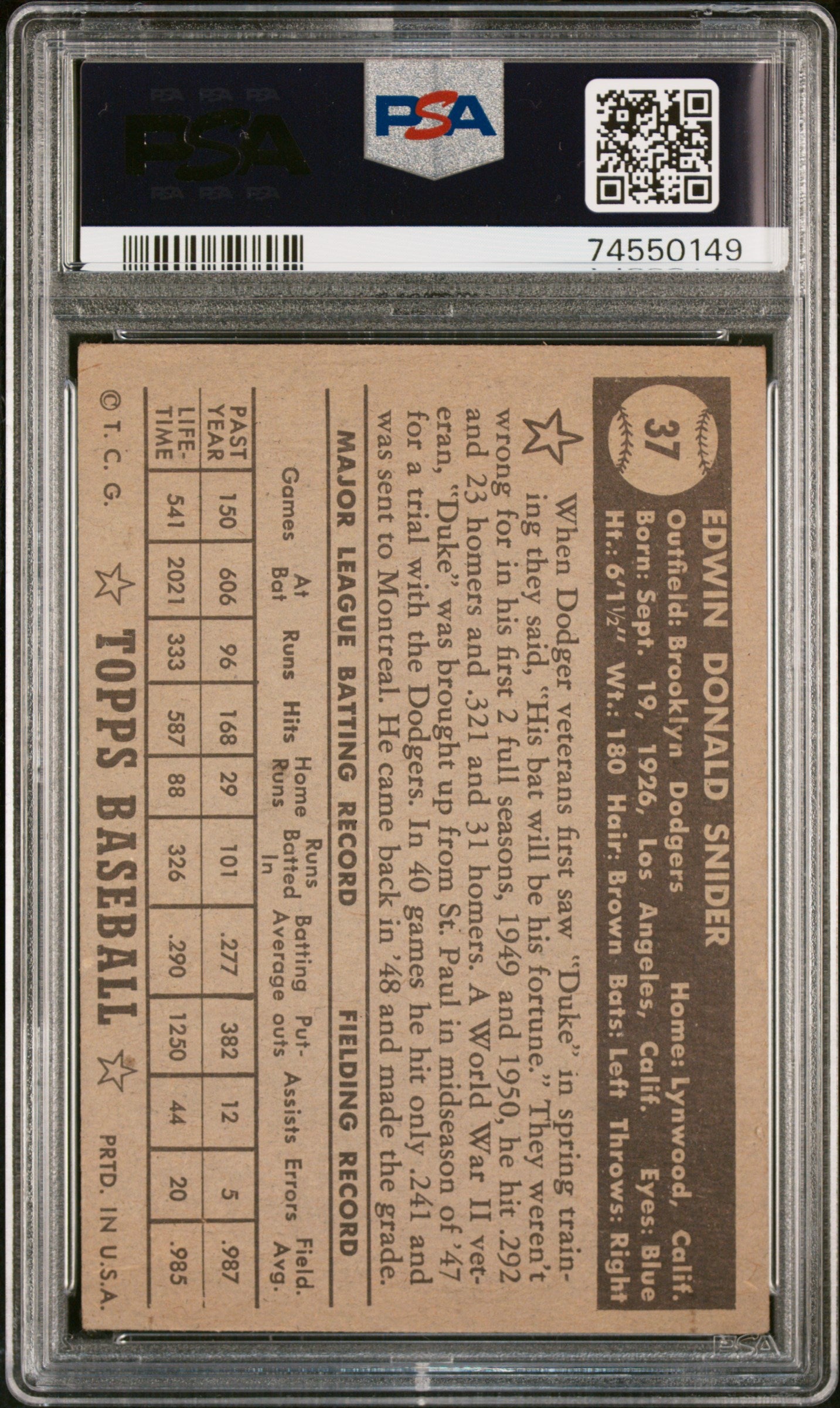 1952 Topps Duke Snider #37 Black Back PSA A Auto A